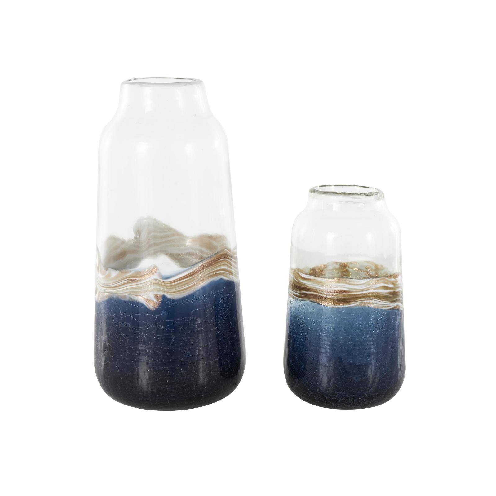 Dark Blue Glass Abstract Textured Swirl Decorative Vase Set with Gold & Cream Accents