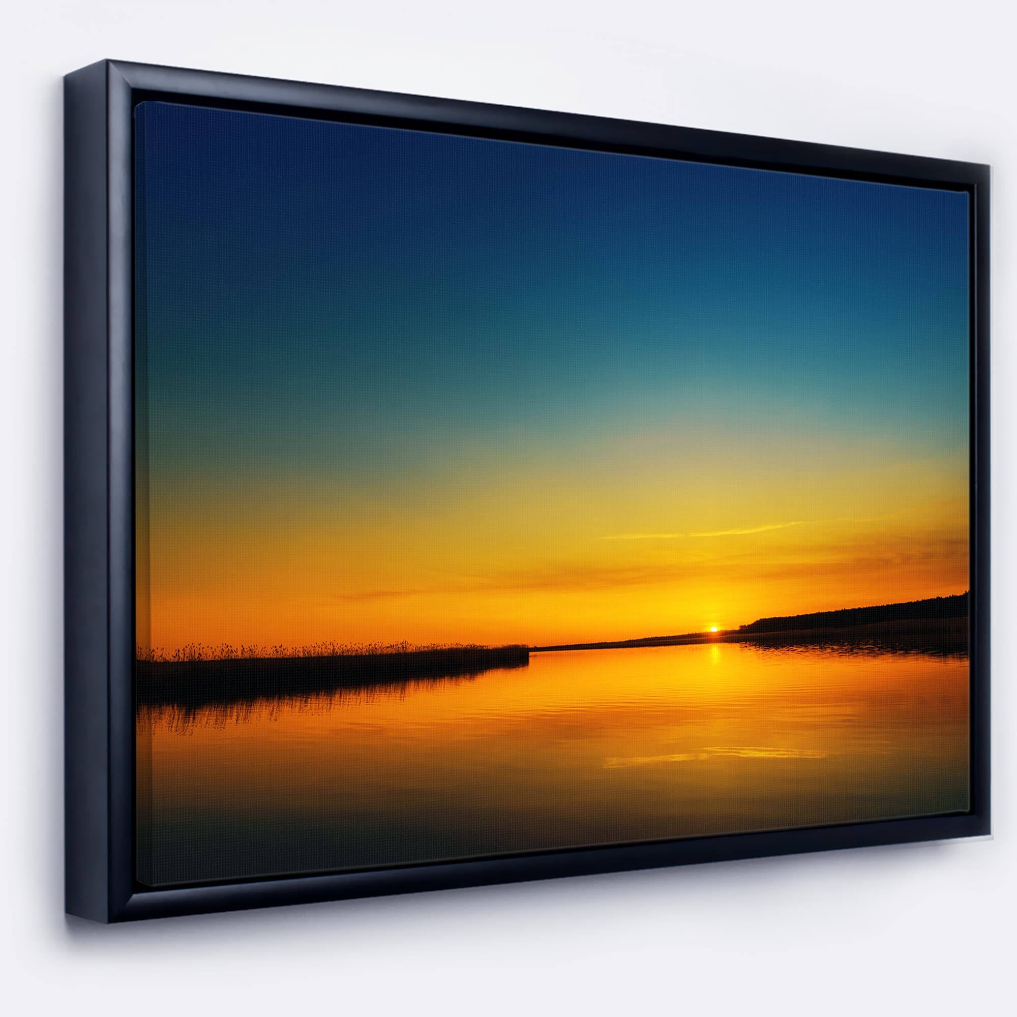 Designart - Orange Sunset Over River - Skyline Photography Canvas Art in Black Frame