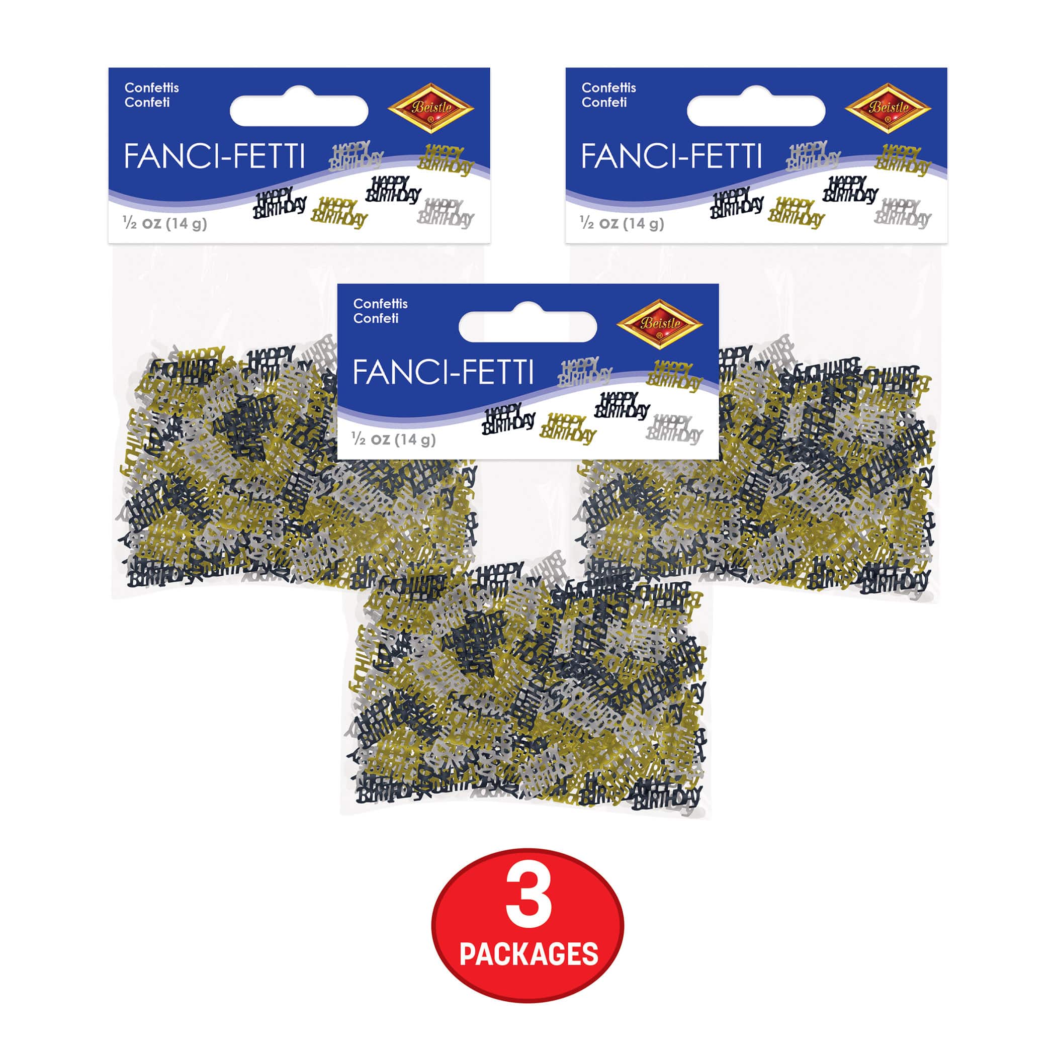 Beistle 1/2oz. Black, Gold & Silver Happy Birthday Fanci-Fetti Packs, 3ct.