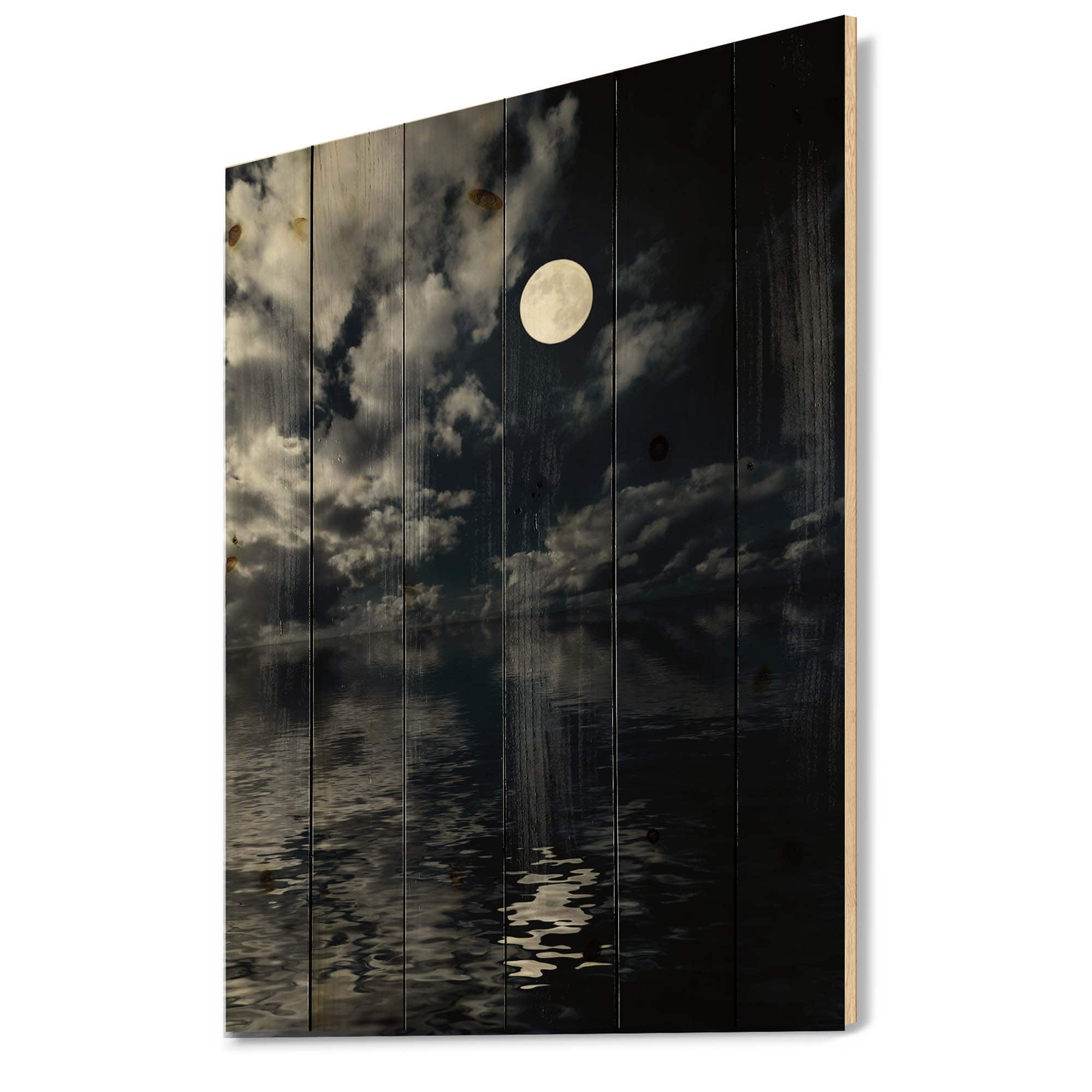 Designart - Full Moon In Cloudy Night Sky IV - Nautical & Coastal Print on Natural Pine Wood