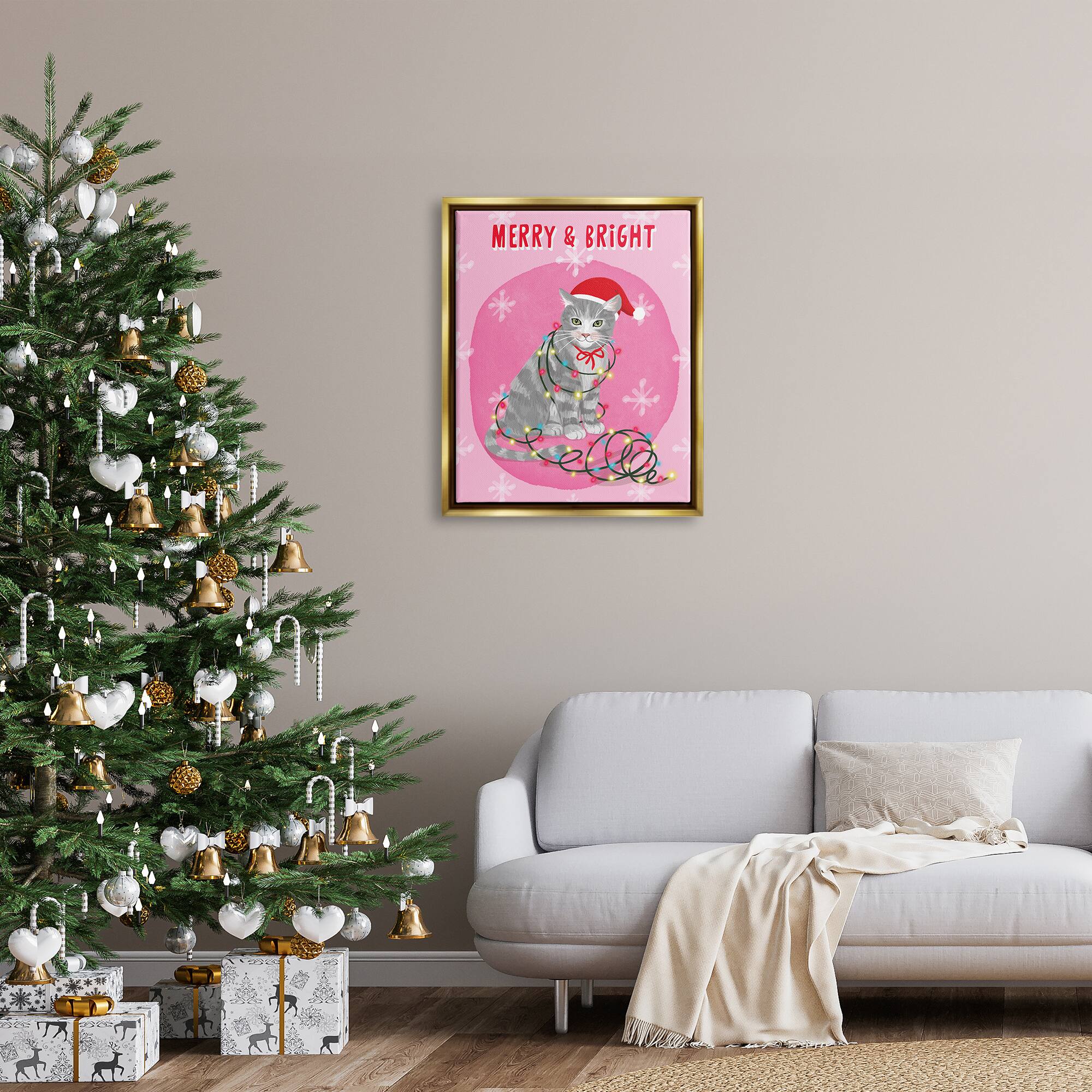 Stupell Industries Merry & Bright Christmas Cat Framed Floater Canvas Wall Art