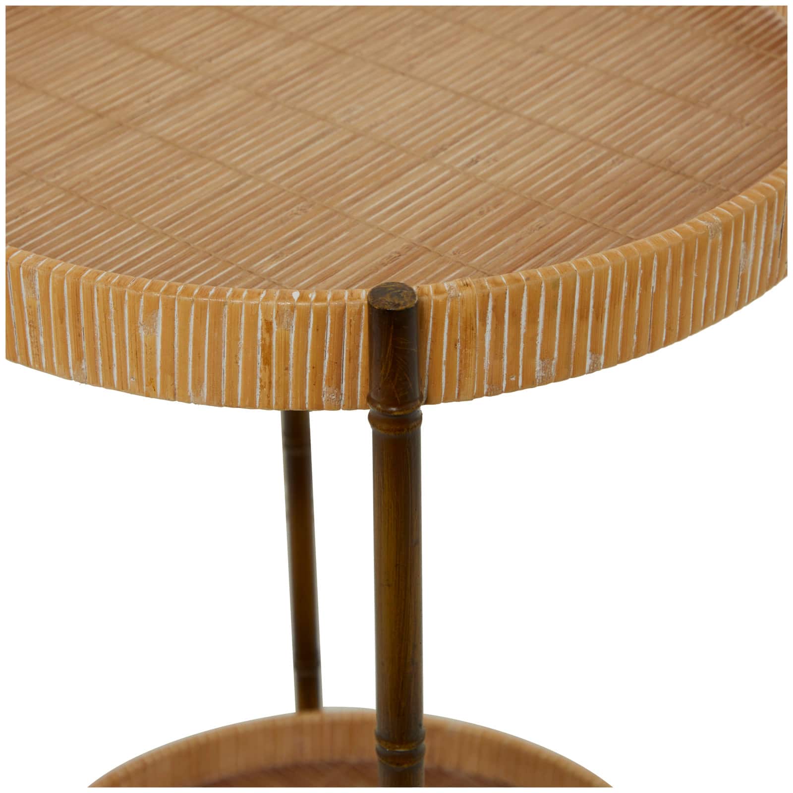 Brown Rattan 2 Tray Shelves Accent Table with Metal Bamboo Inspired Legs 18" x 18" x 26"
