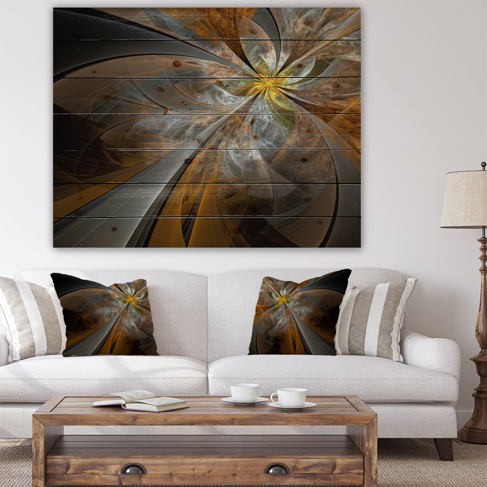 Designart - Symmetrical Yellow Fractal Flower - Abstract Print on Natural Pine Wood