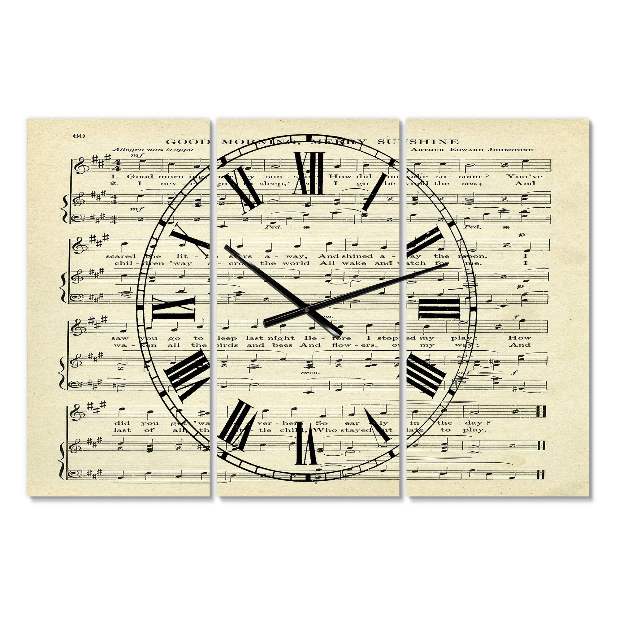 Designart 'Goodmorning Merry Sunshine Music Score Large Cottage Multipanel Wall Clock