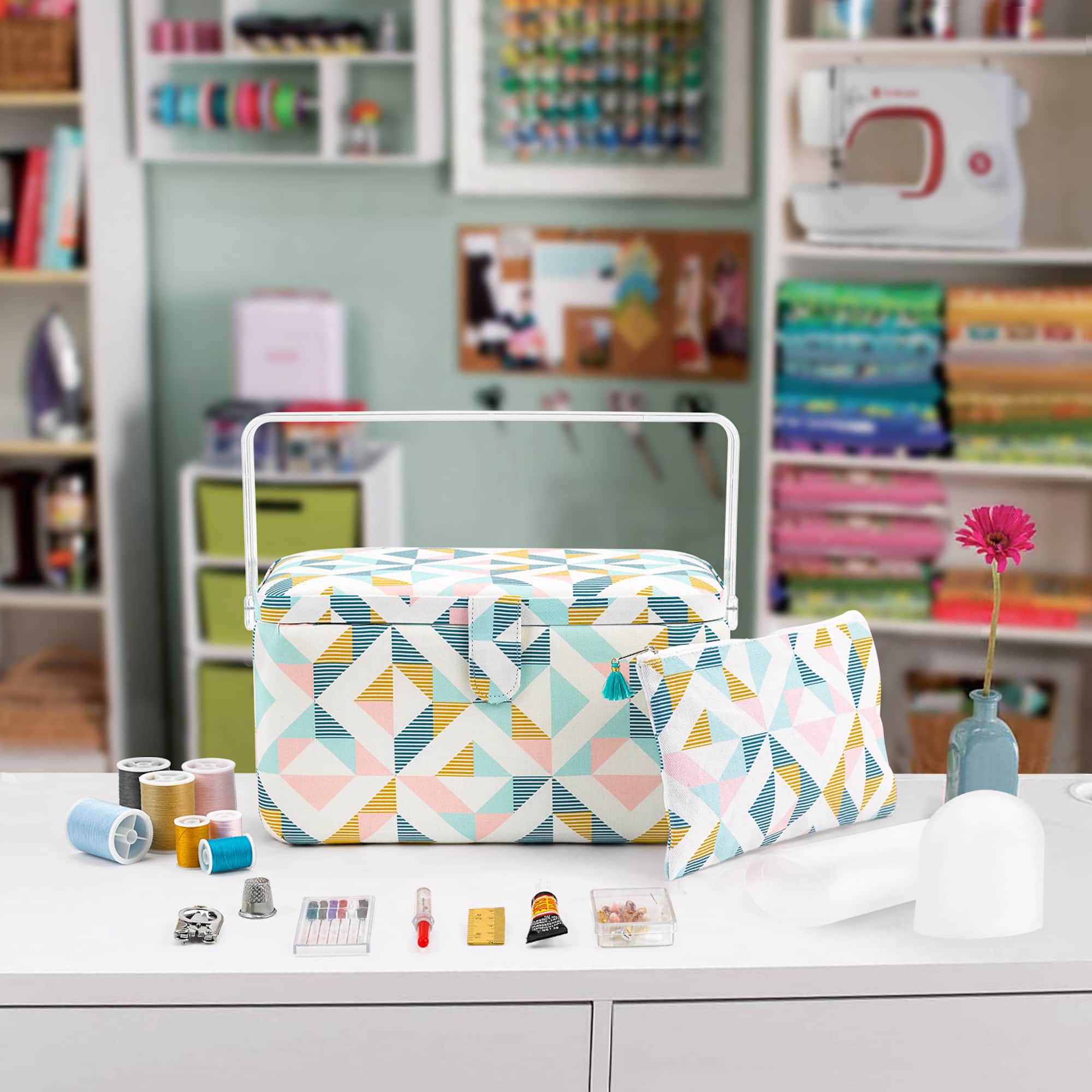 SINGER® Large Abstract Geo Print Sewing Basket with Matching Pouch Sew Kit