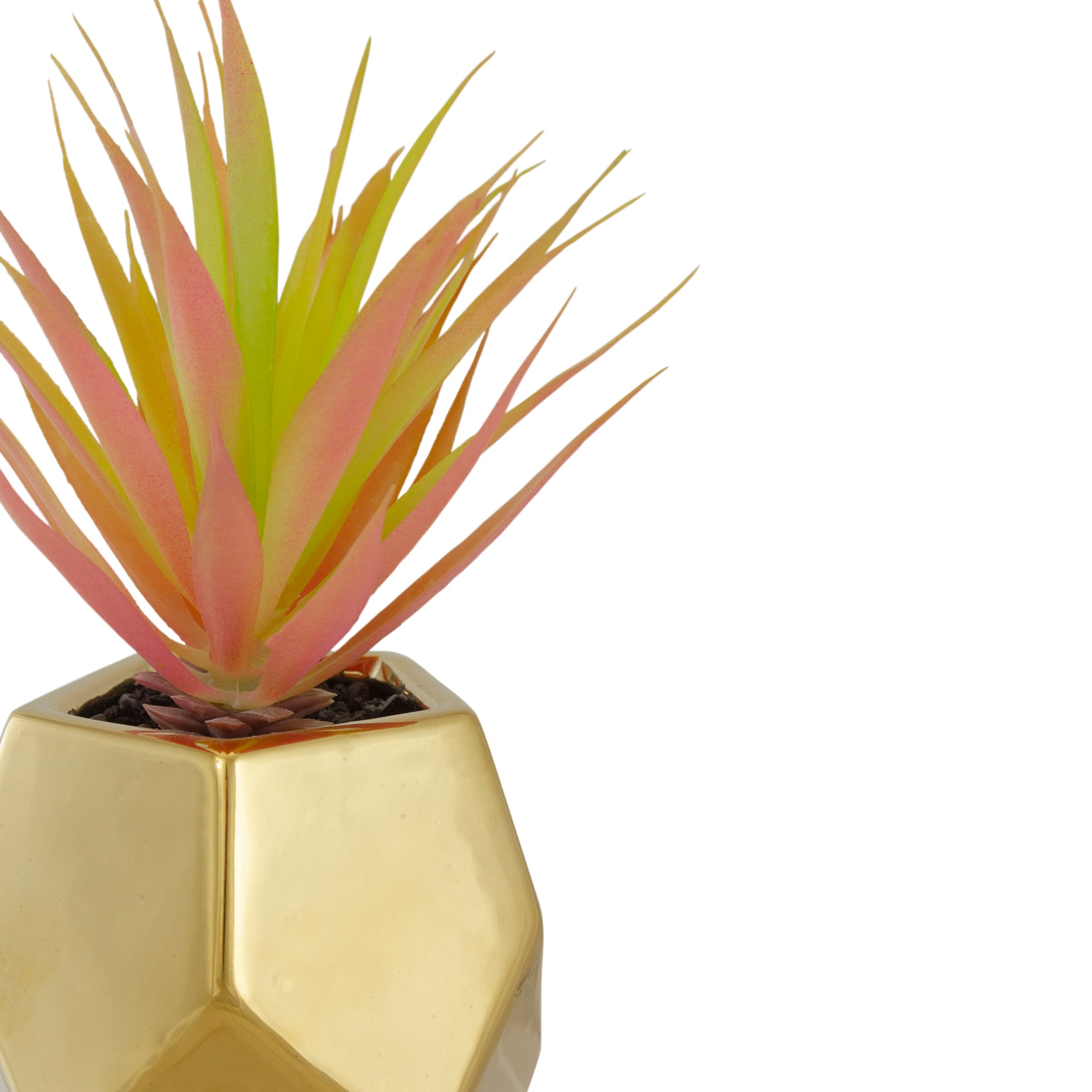 8" Green & Pink Sword Grass in Gold Geometric Pot