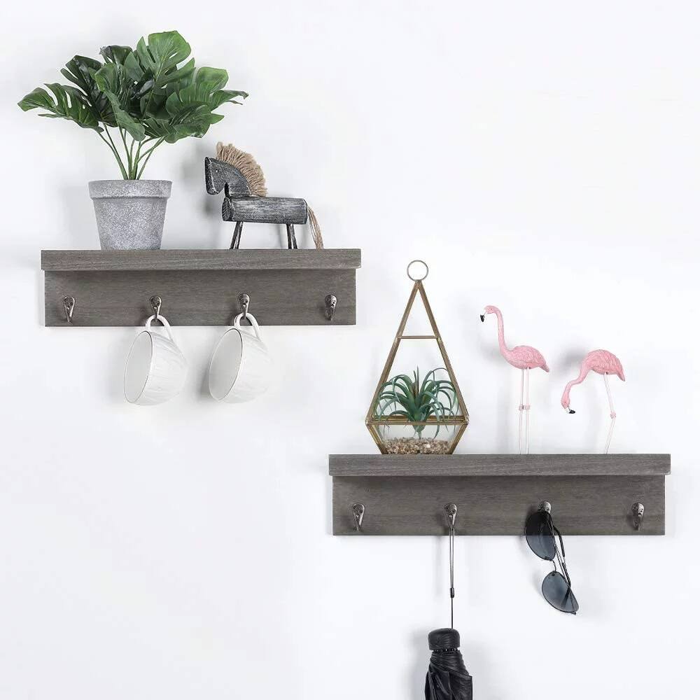 NEX™ 16" Rustic Gray Modern Wall-Mounted 4-Hook Coat Racks, 2ct.