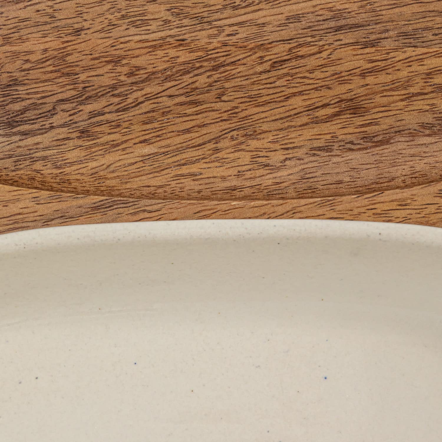 Hello Honey® 13" Cream Stoneware Serving Dish with Natural Mango Wood Base