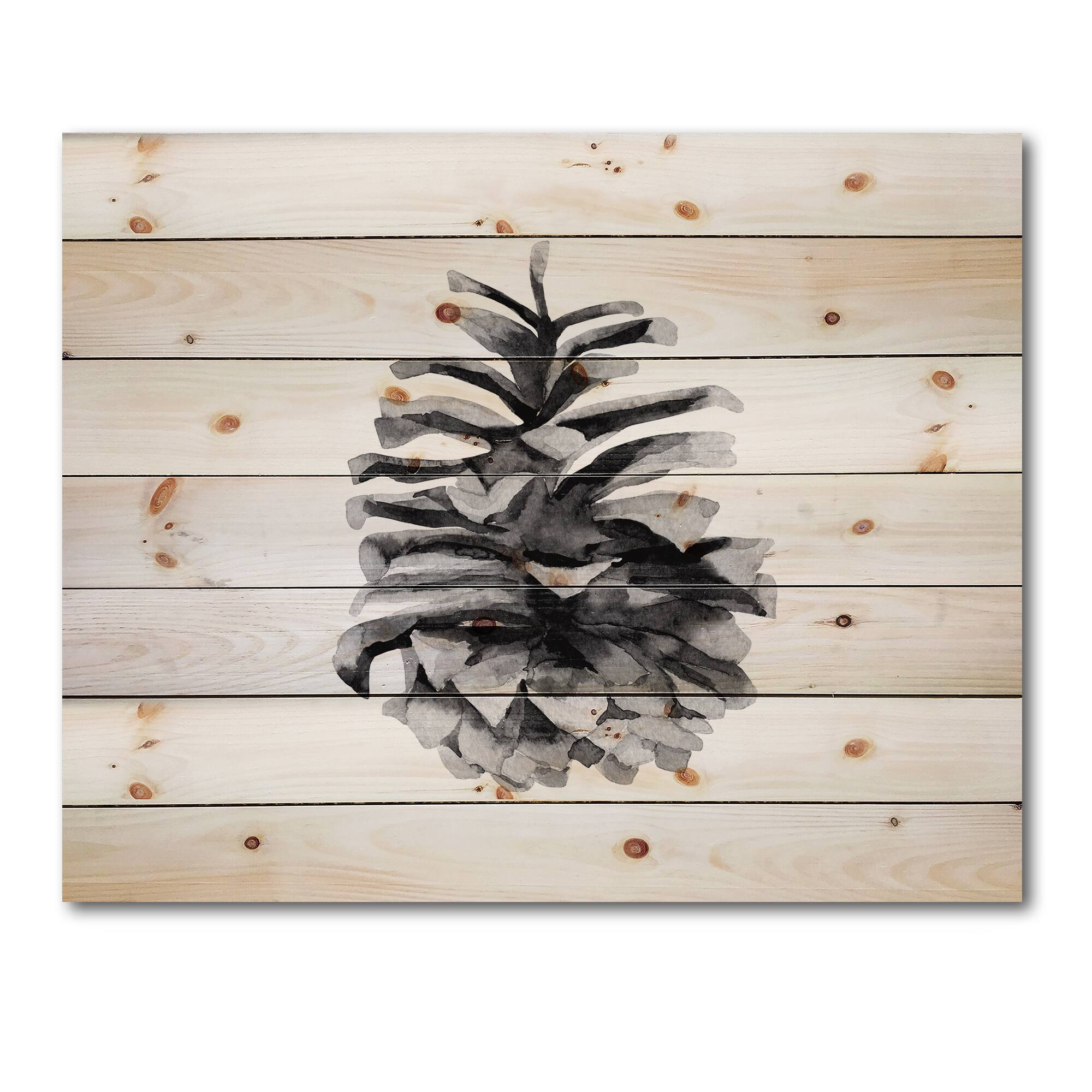 Designart - Conifer Cone Monochrome - Traditional Print on Natural Pine Wood