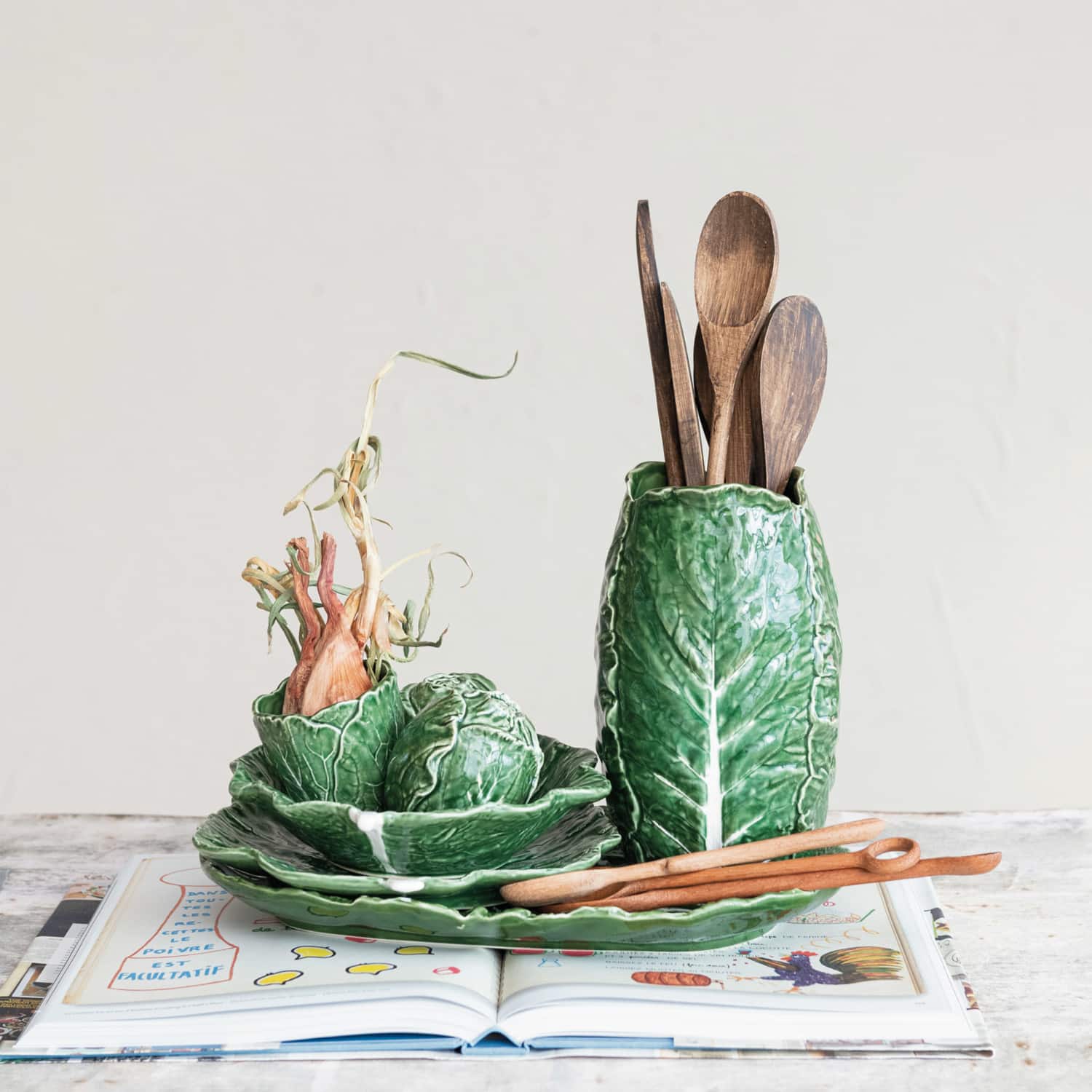 Hello Honey® 8.25" Green Hand Painted Embossed Stoneware Cabbage Vase