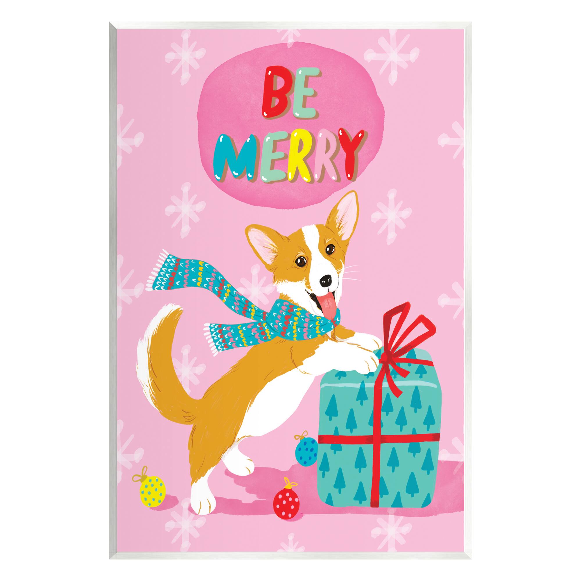 Stupell Industries Be Merry Smiling Puppy Gift Wall Plaque Art