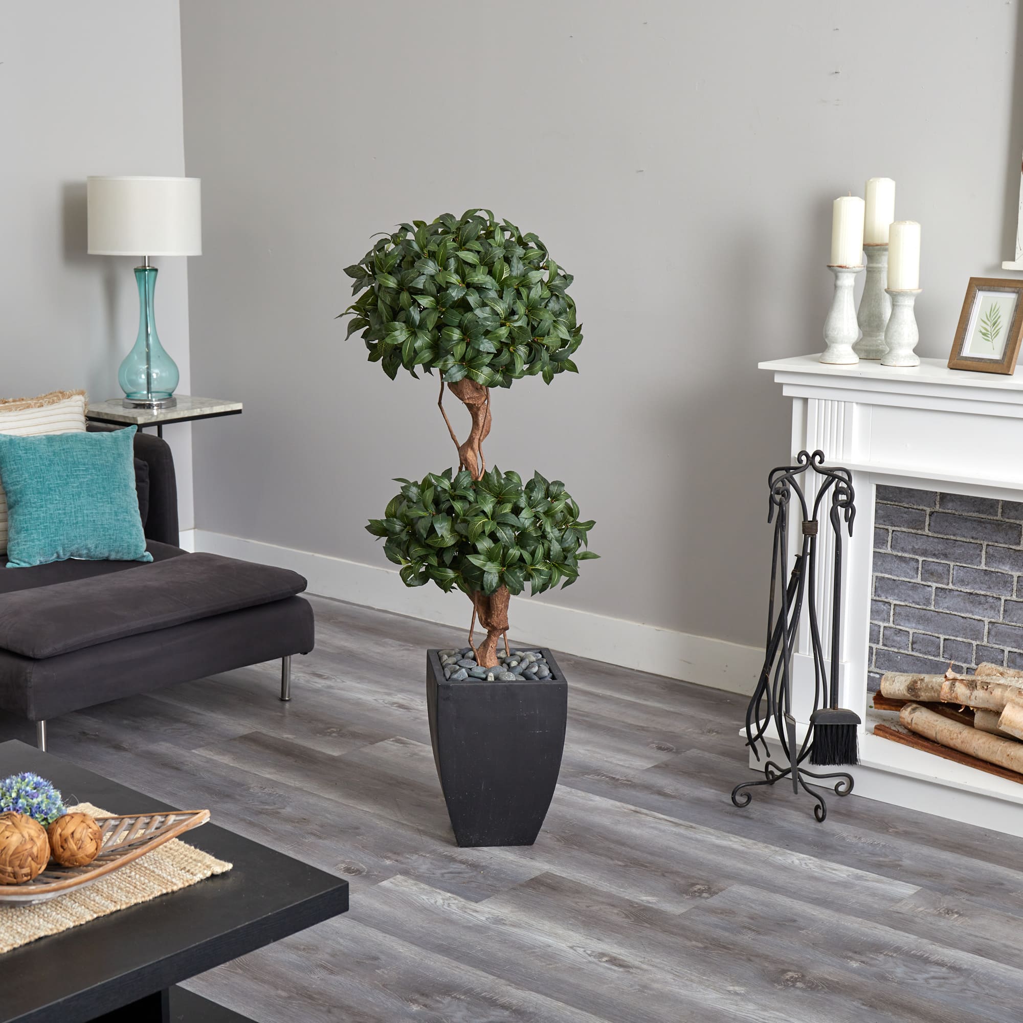 4.5ft. Sweet Bay Double Topiary Tree in Black Planter