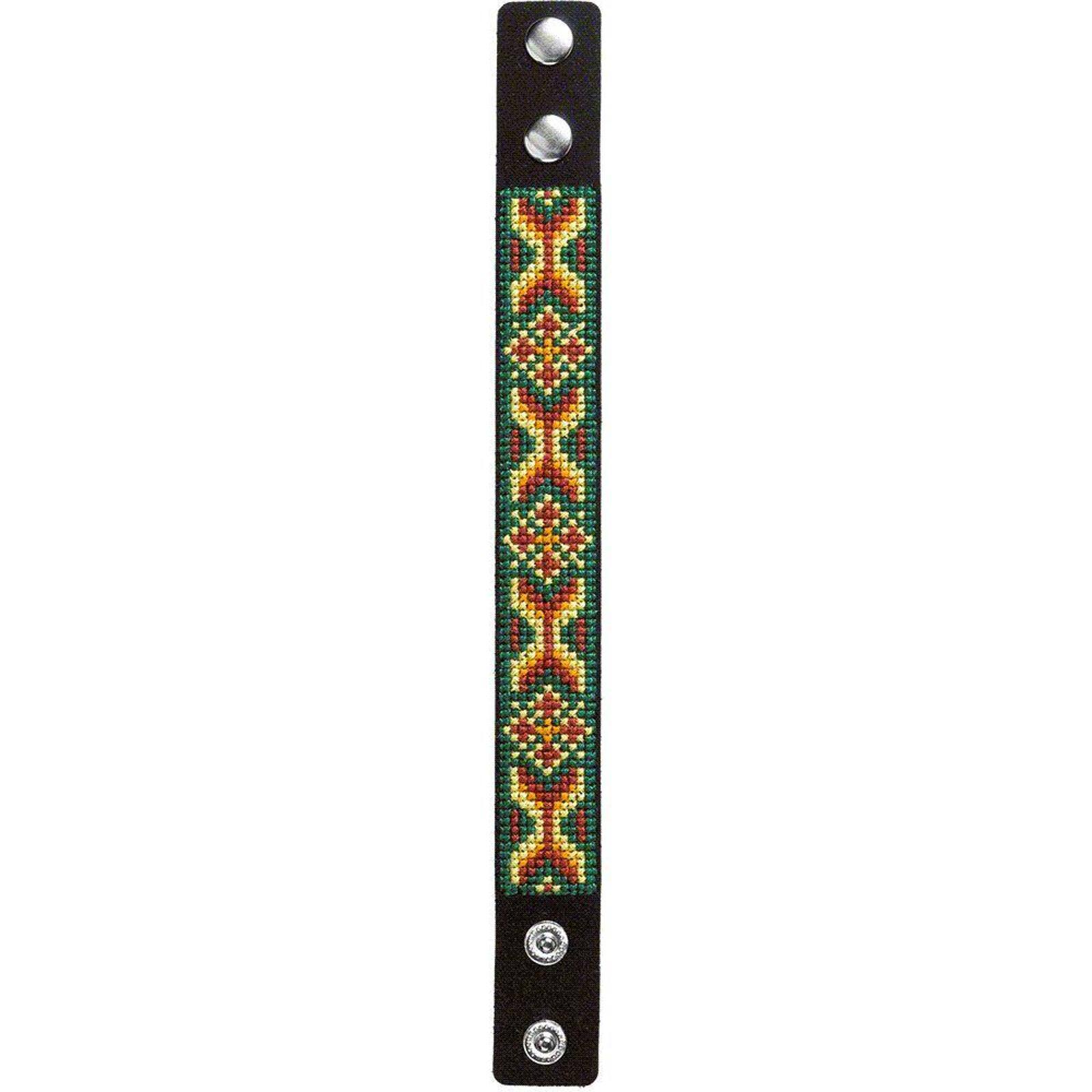 Wonderland Crafts Green & Yellow Artificial Leather Cross Stitch Bracelet Kit