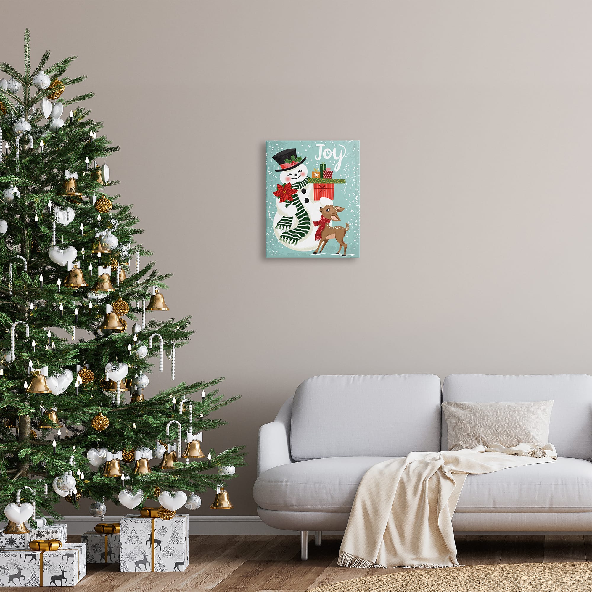 Stupell Industries Joy Smiling Snowman Holiday Deer Canvas Wall Art