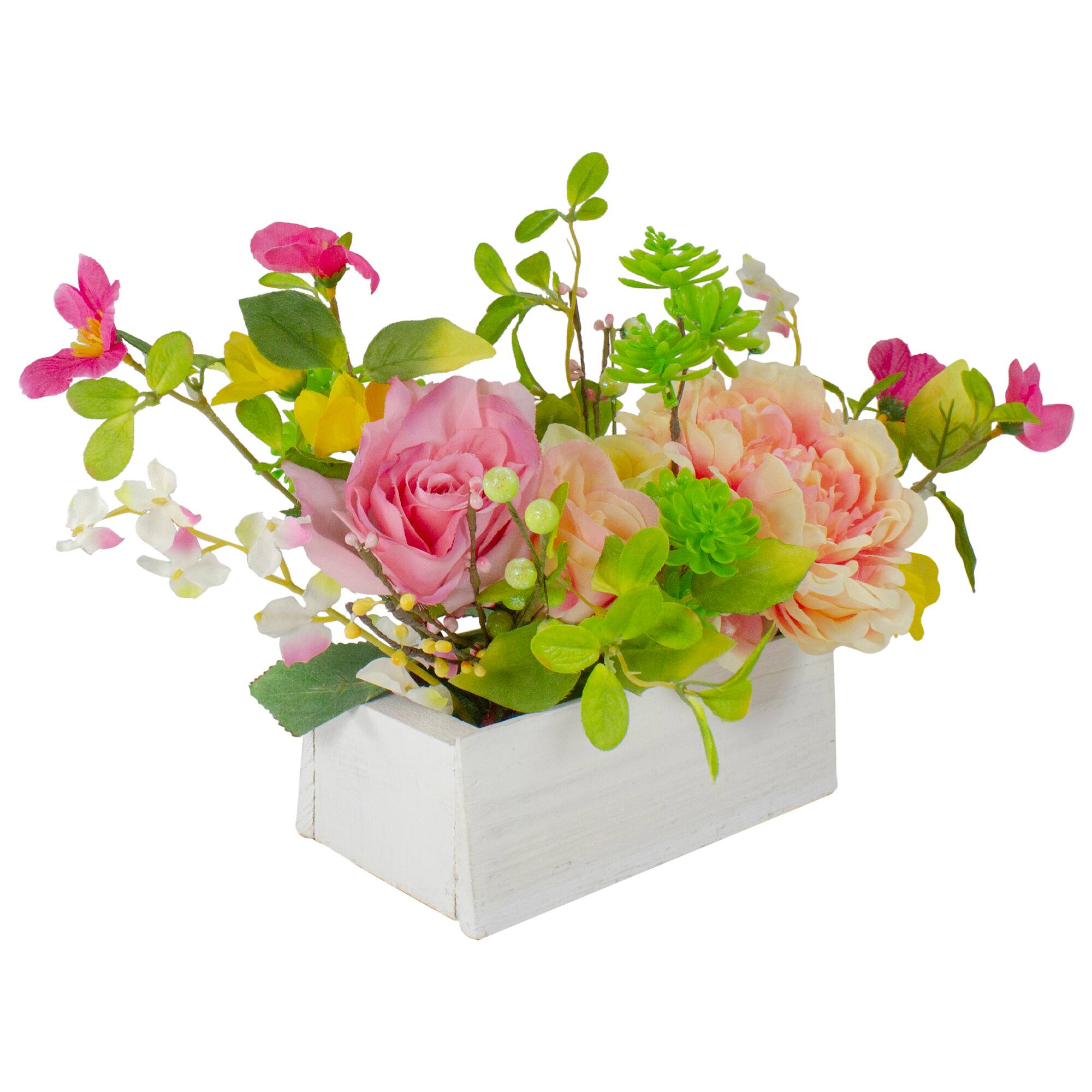 14'' Pink and Yellow Artificial Roses and Peony Floral Arrangement in Planter