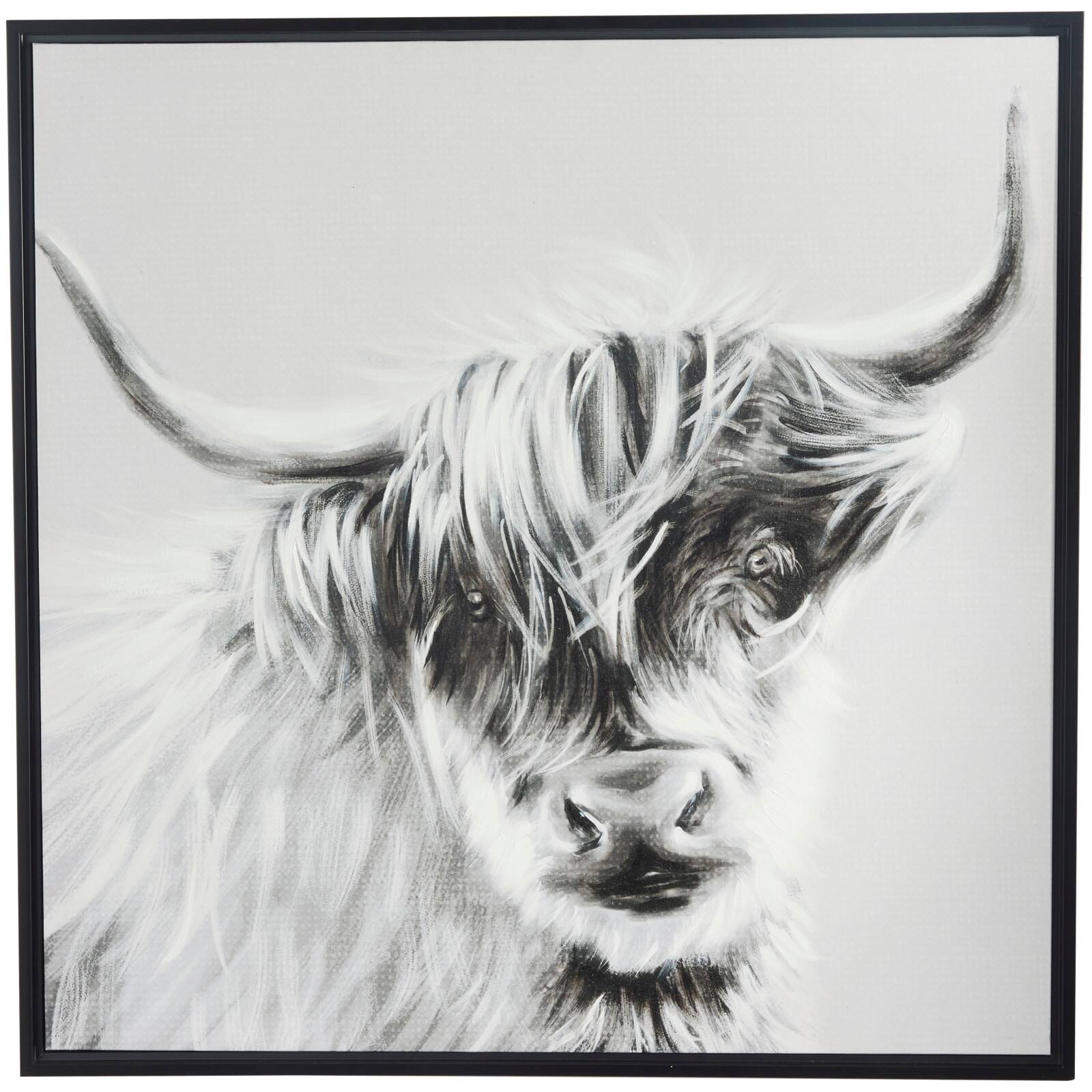 White Canvas Shaded Bull Framed Wall Art with Black Frame 37" x 1" x 37"