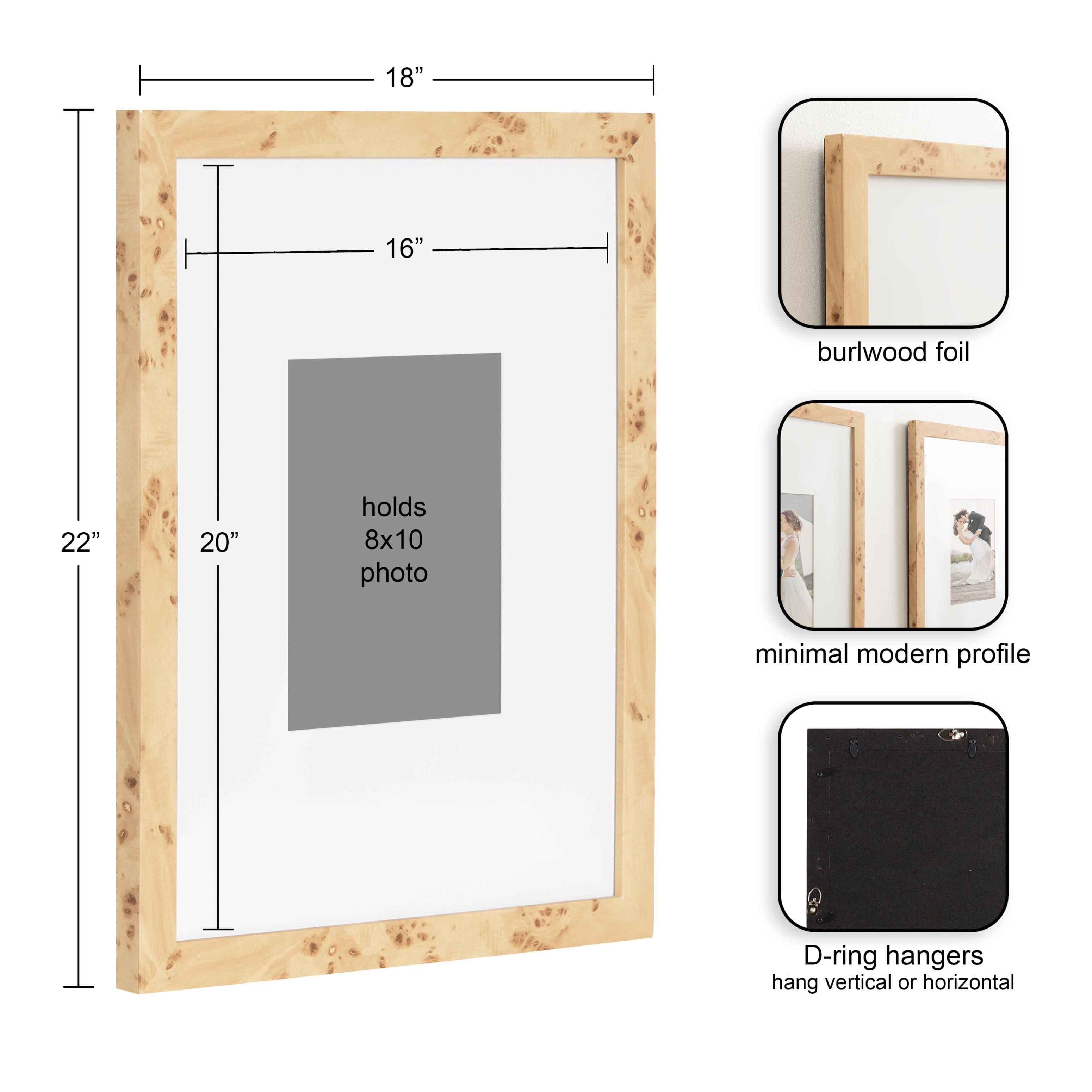 Kate and Laurel 16" x 20" Natural Brown Burlock Picture Frames with 8" x 10" Mat, 2ct.