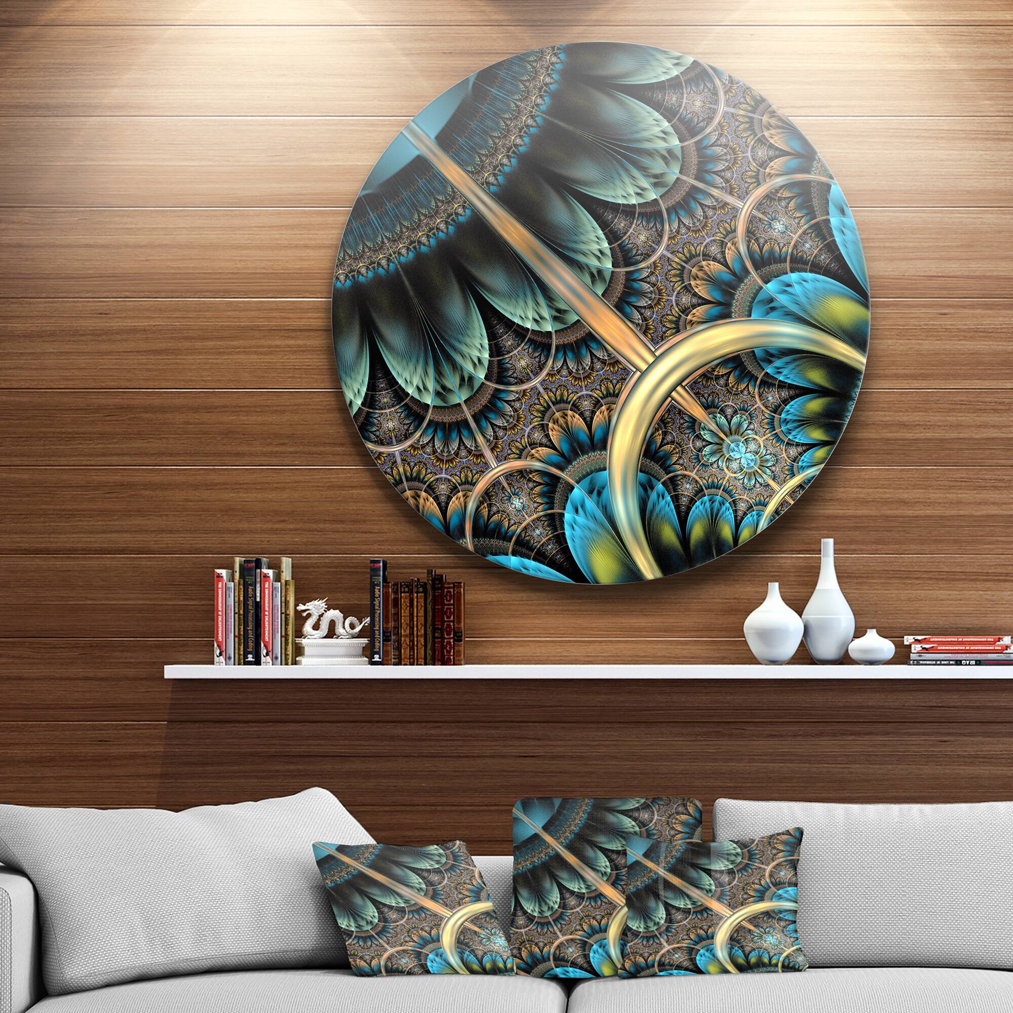 Designart - Large Blue Brown Fractal Floral Pattern' Floral Metal Circle Wall Art