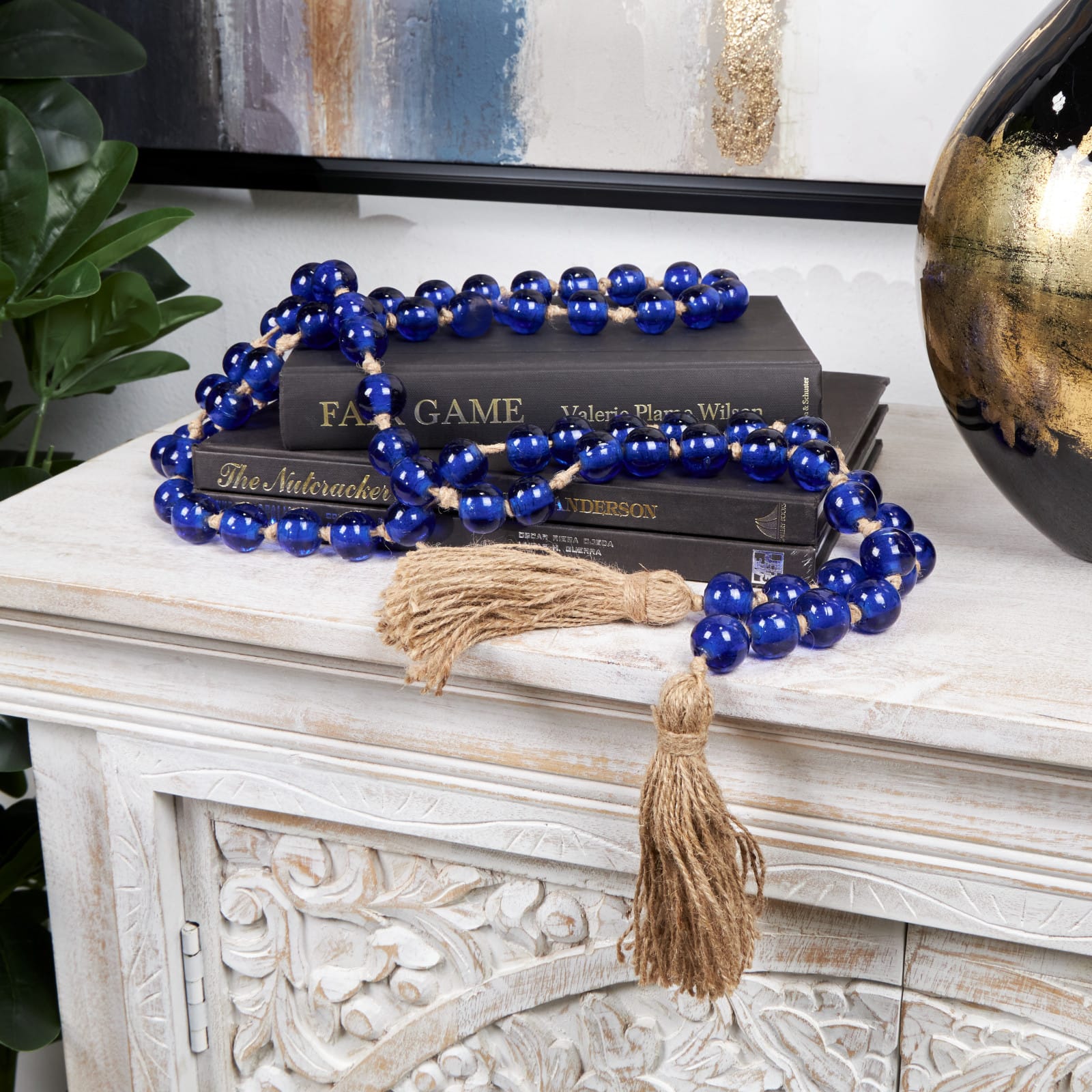 86.5" Handmade Round Glass Beaded Garland with Jute Tassel
