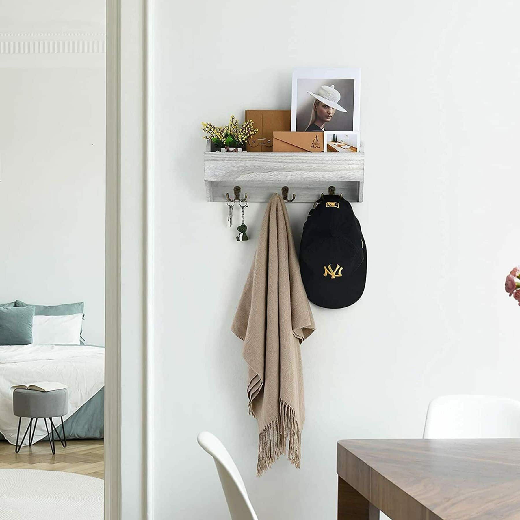 Rustic White Wooden Mail 1-Piece Floating Wall Shelf With 6 Key Hooks