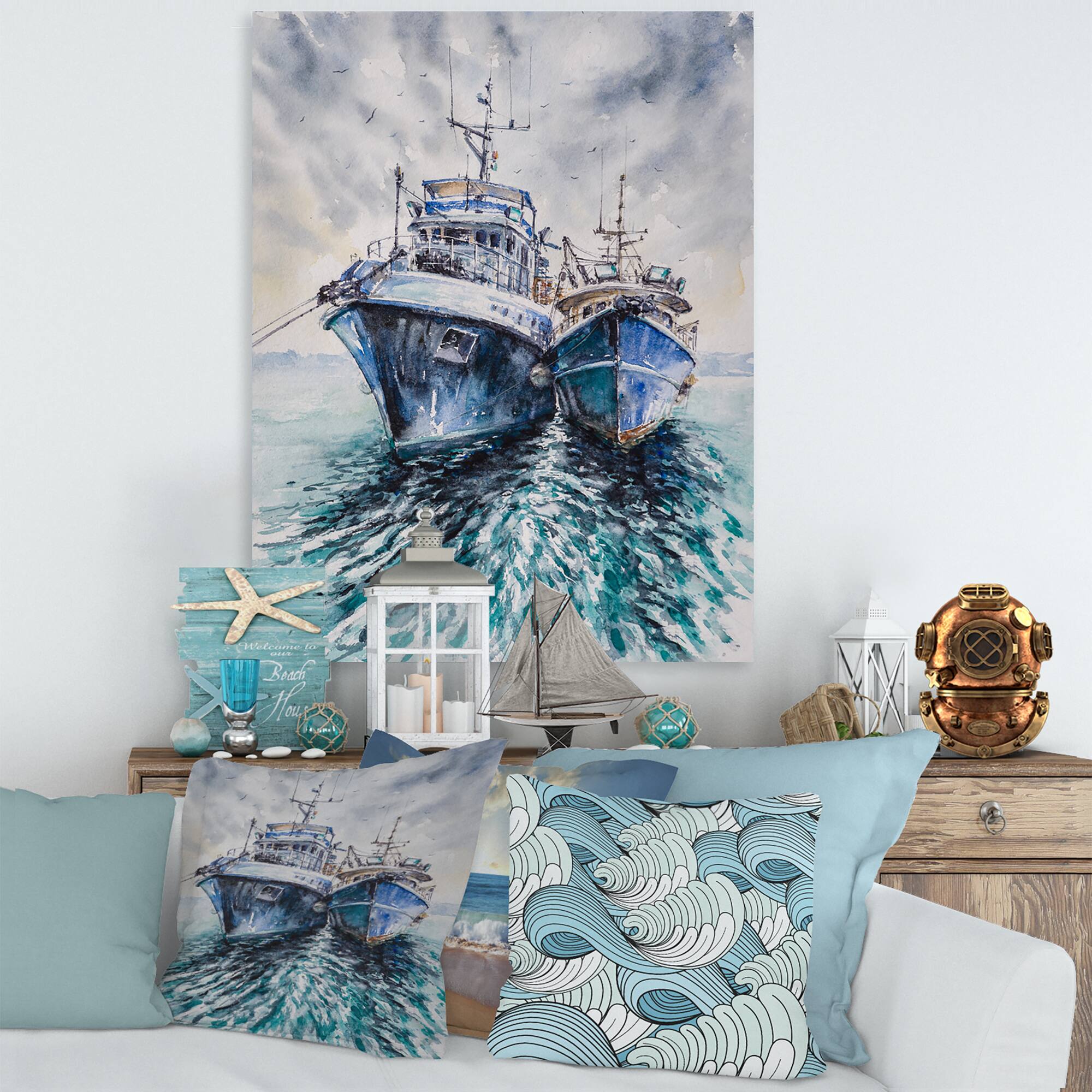 Designart - Two Fishing Boats Before A Storm Anchored