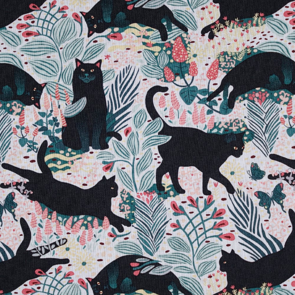 Black Cats on Floral Craft Cotton Fabric