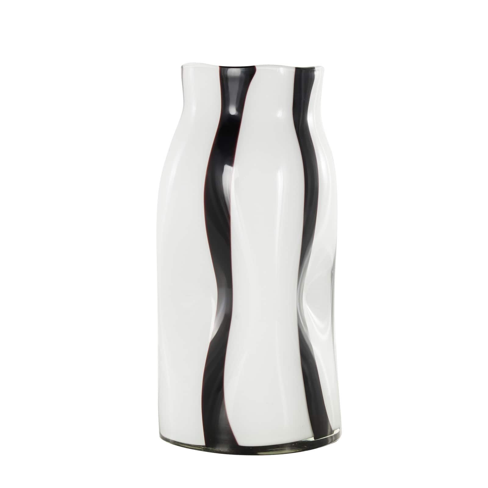 12" White & Black Stripes Round Concaved Glass Vase