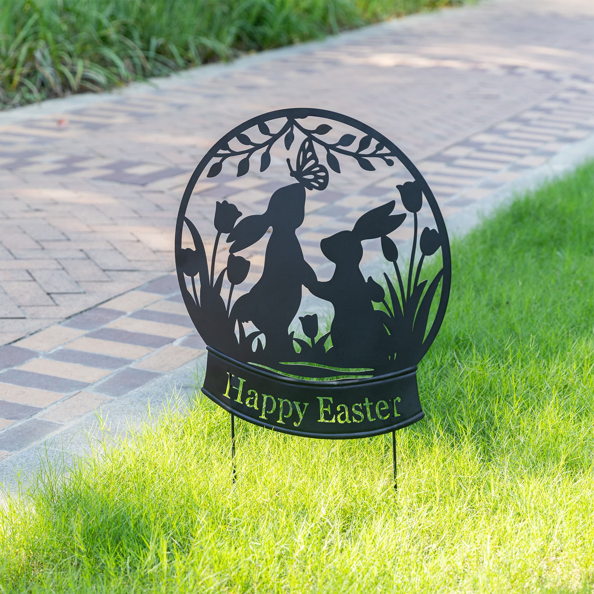 Glitzhome® 30" Easter Metal Silhouette Bunny Couple Yard Stake or Wall Decor