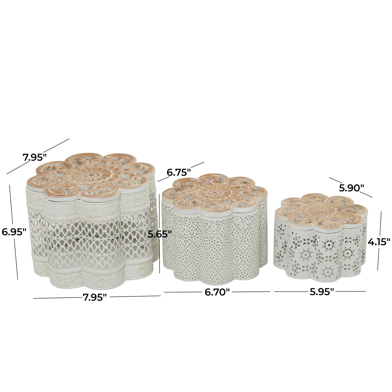 White Metal Quatrefoil Decorative Jars with Wood Carved Lids Set