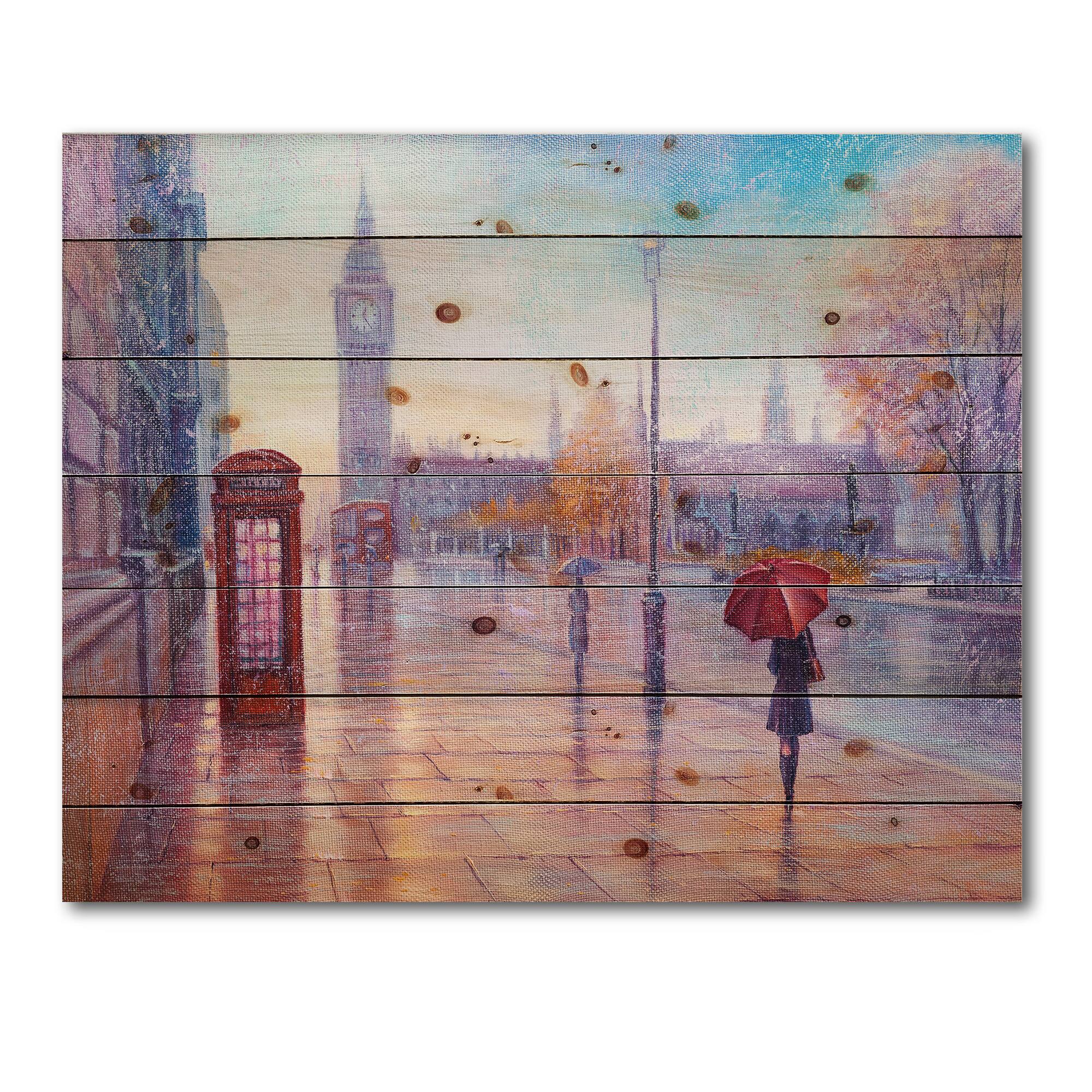 Designart - Big Ben and Woman With Red Umbrella In London - French Country Print on Natural Pine Wood