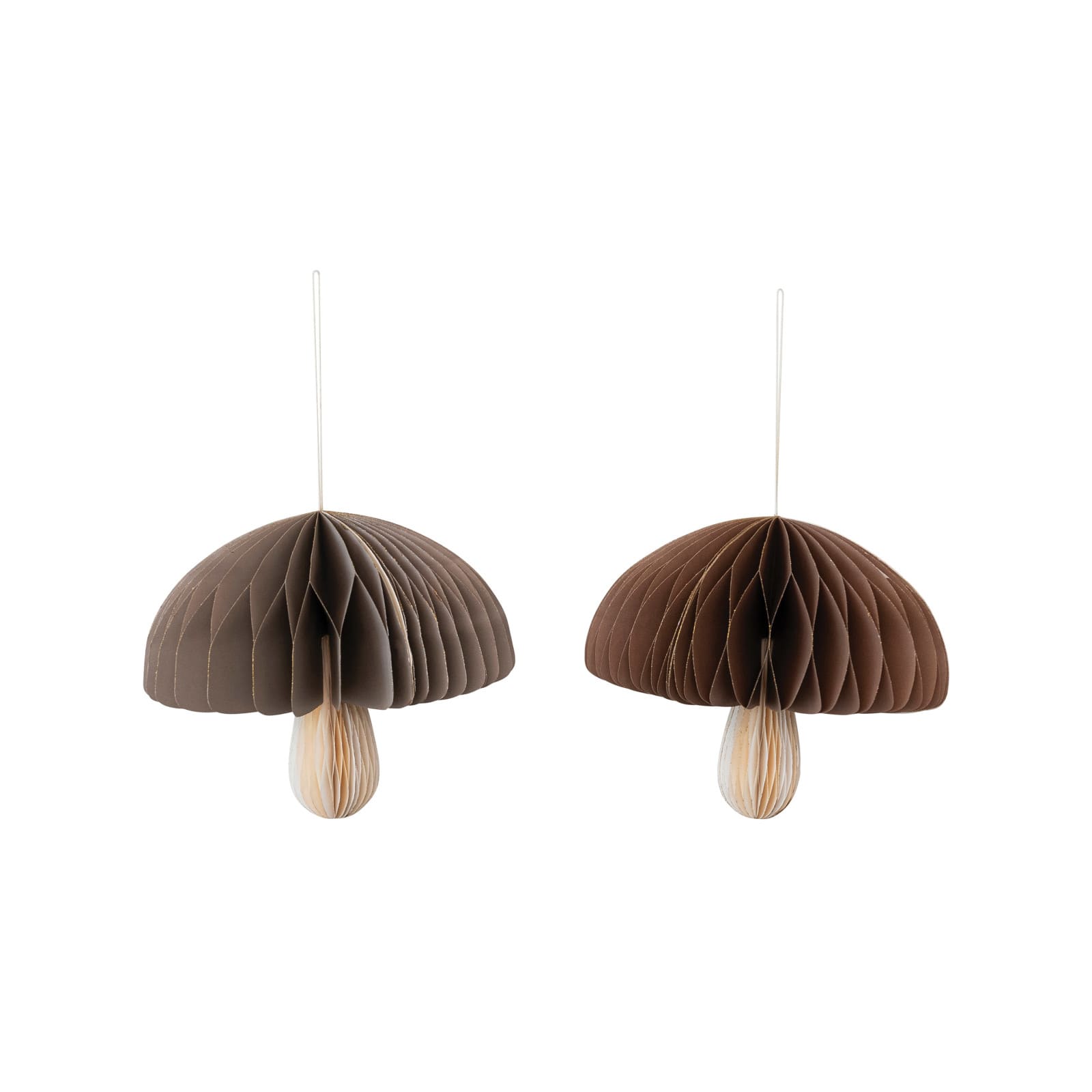 Hello Honey® 2 Pack 8.5" Brown & Cream with Gold Glitter Edge Honeycomb Mushroom Folded Paper Ornaments