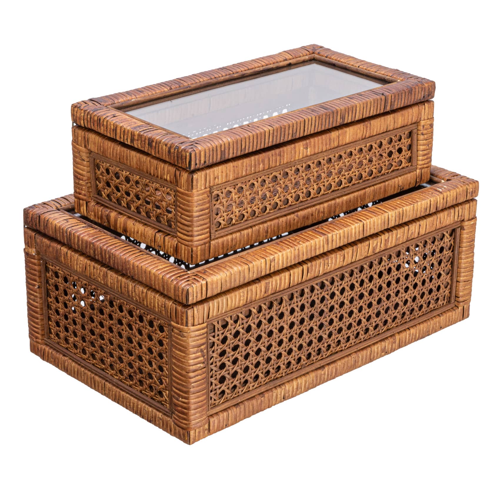 Hello Honey® Dark Brown Modern Decorative Rectangle Woven Rattan & Wood Display Box Set with Glass Top