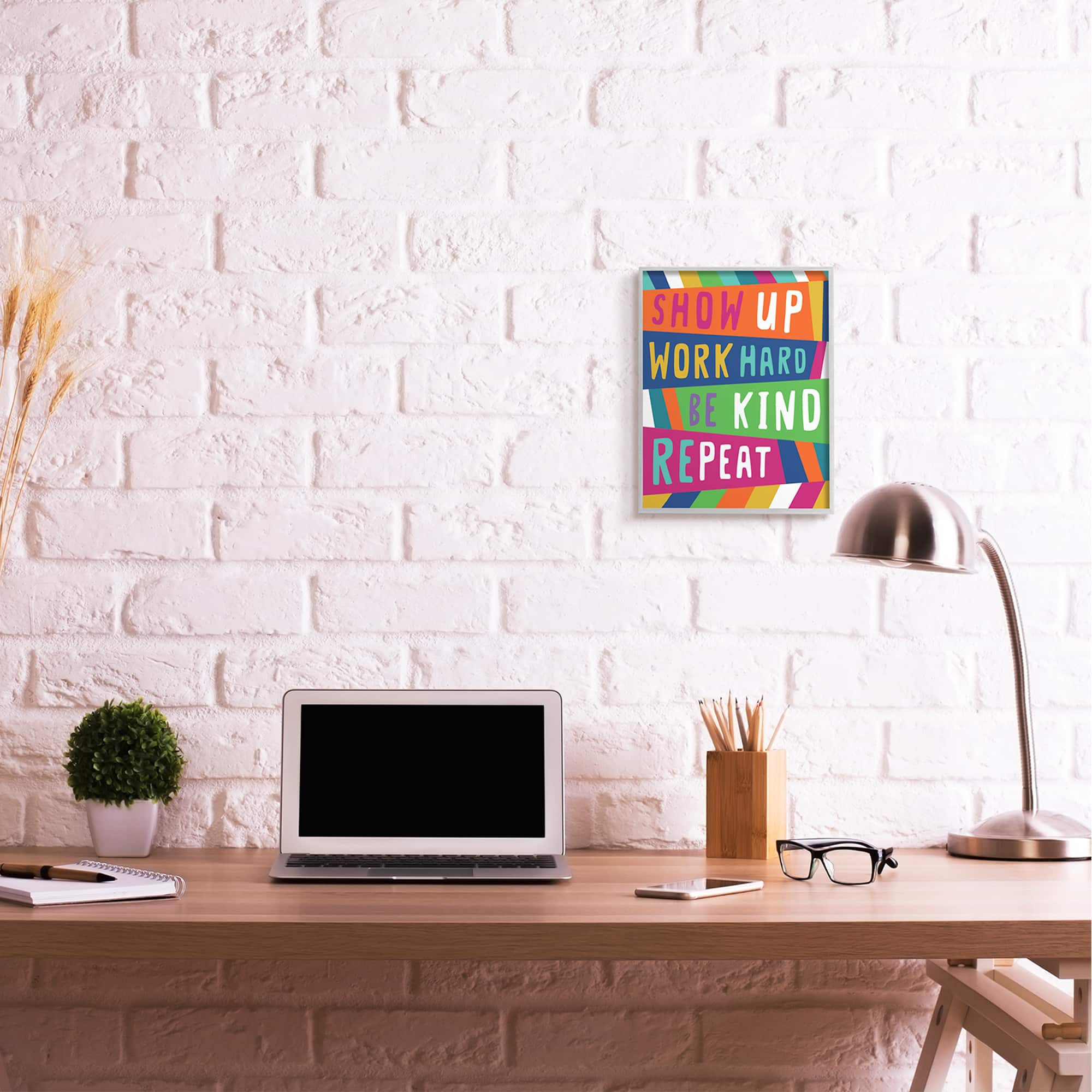 Stupell Industries Show Up Work Hard Phrase Pop Stripe Pattern in Gray Frame Wall Art