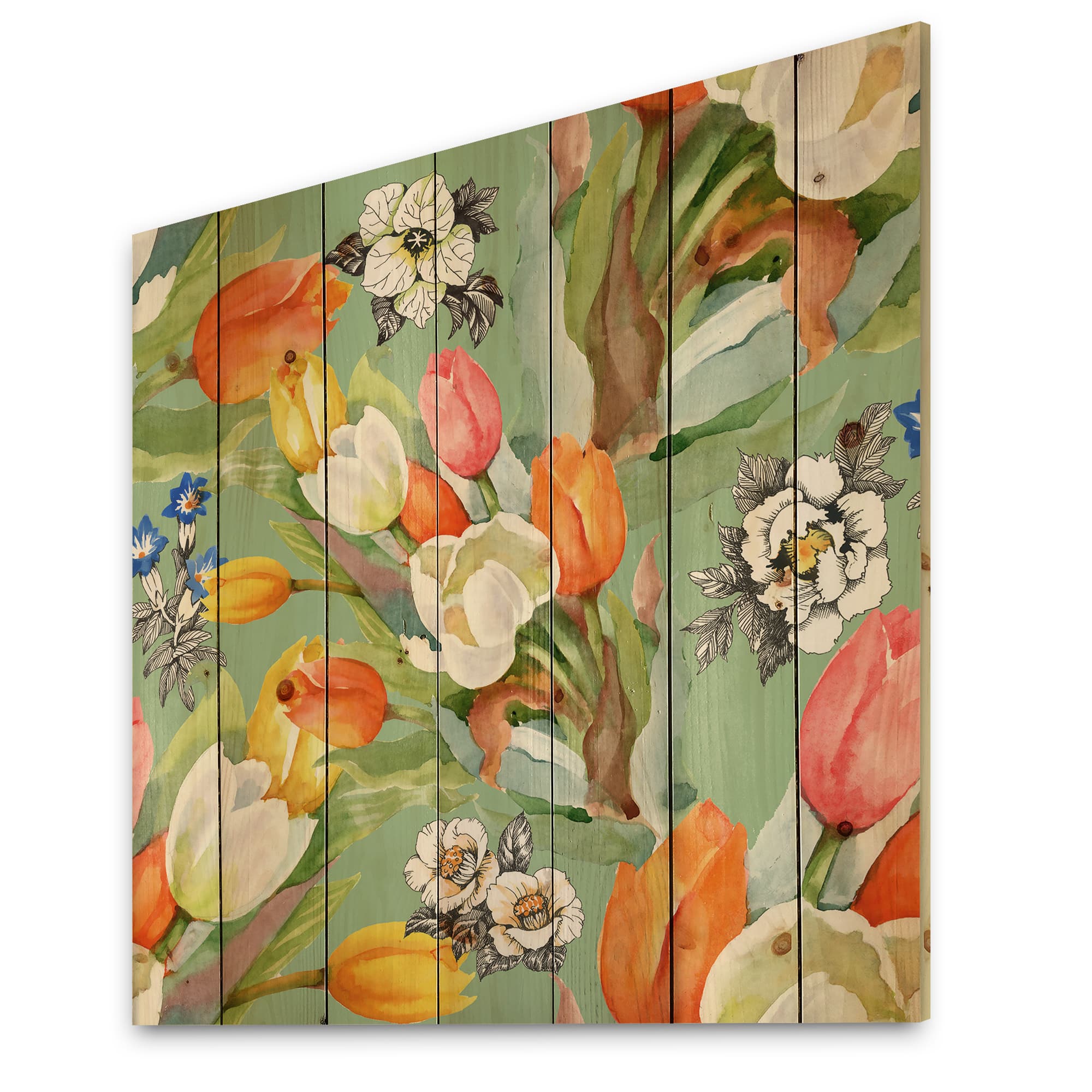 Designart - Blooming White and Orange Tulips III - Traditional Print on Natural Pine Wood