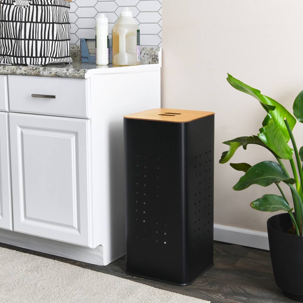 Household Essentials Square Metal Hamper with Wooden Lid