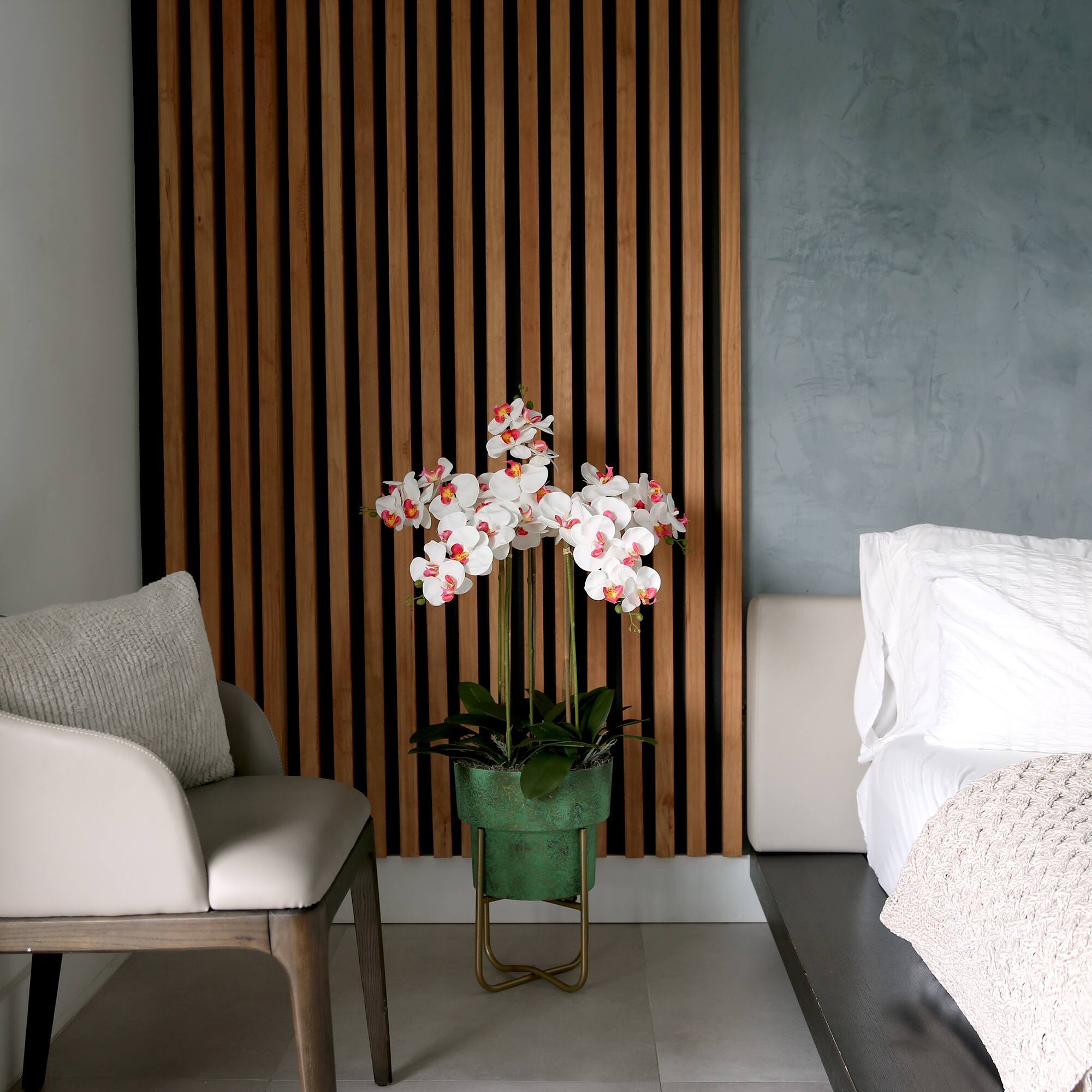 3.5ft. White Orchid Arrangement in Patina Metal Planter with Stand