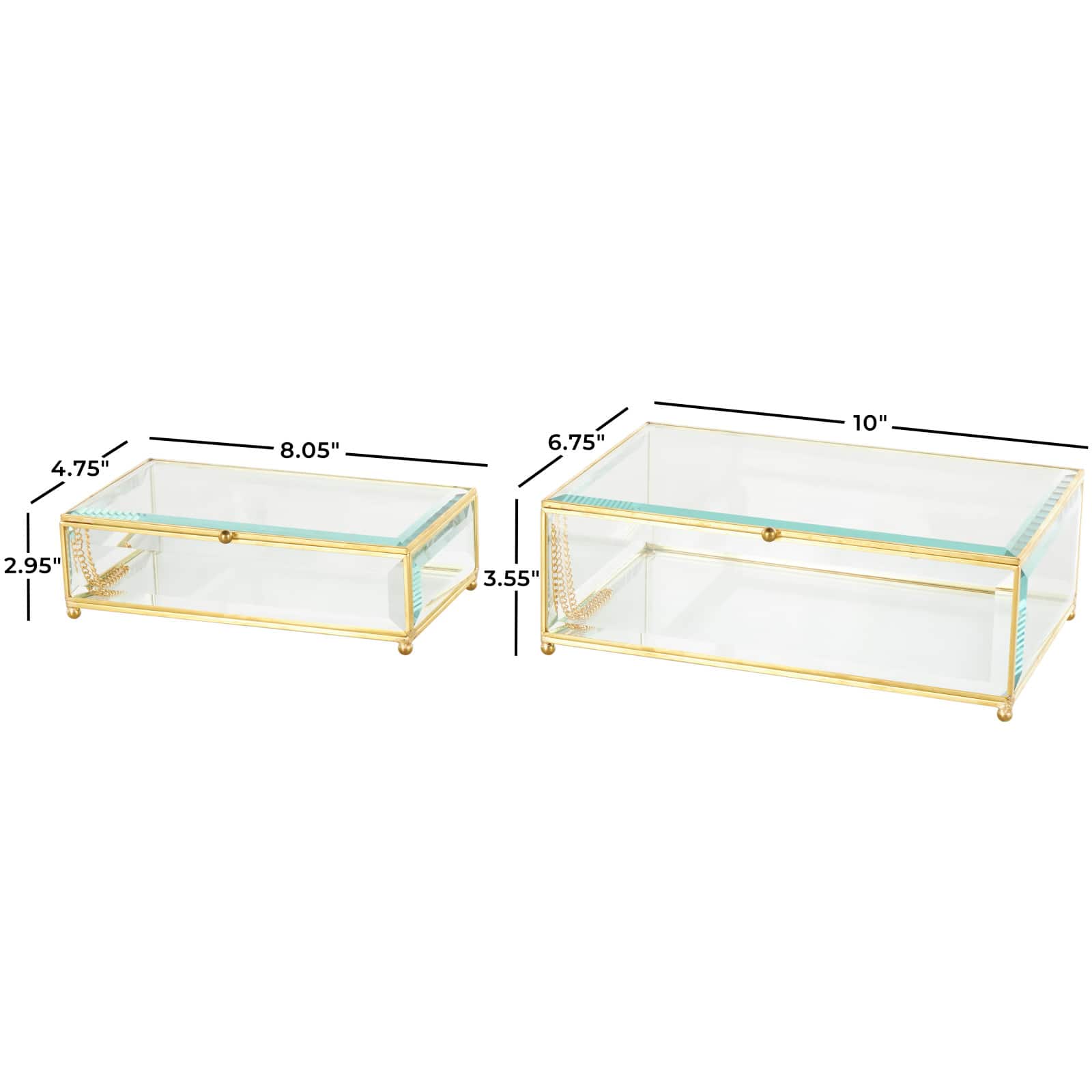 Clear & Gold Beveled Glass & Metal Rectangle Footed Jewelry Box with Chain Accent Set