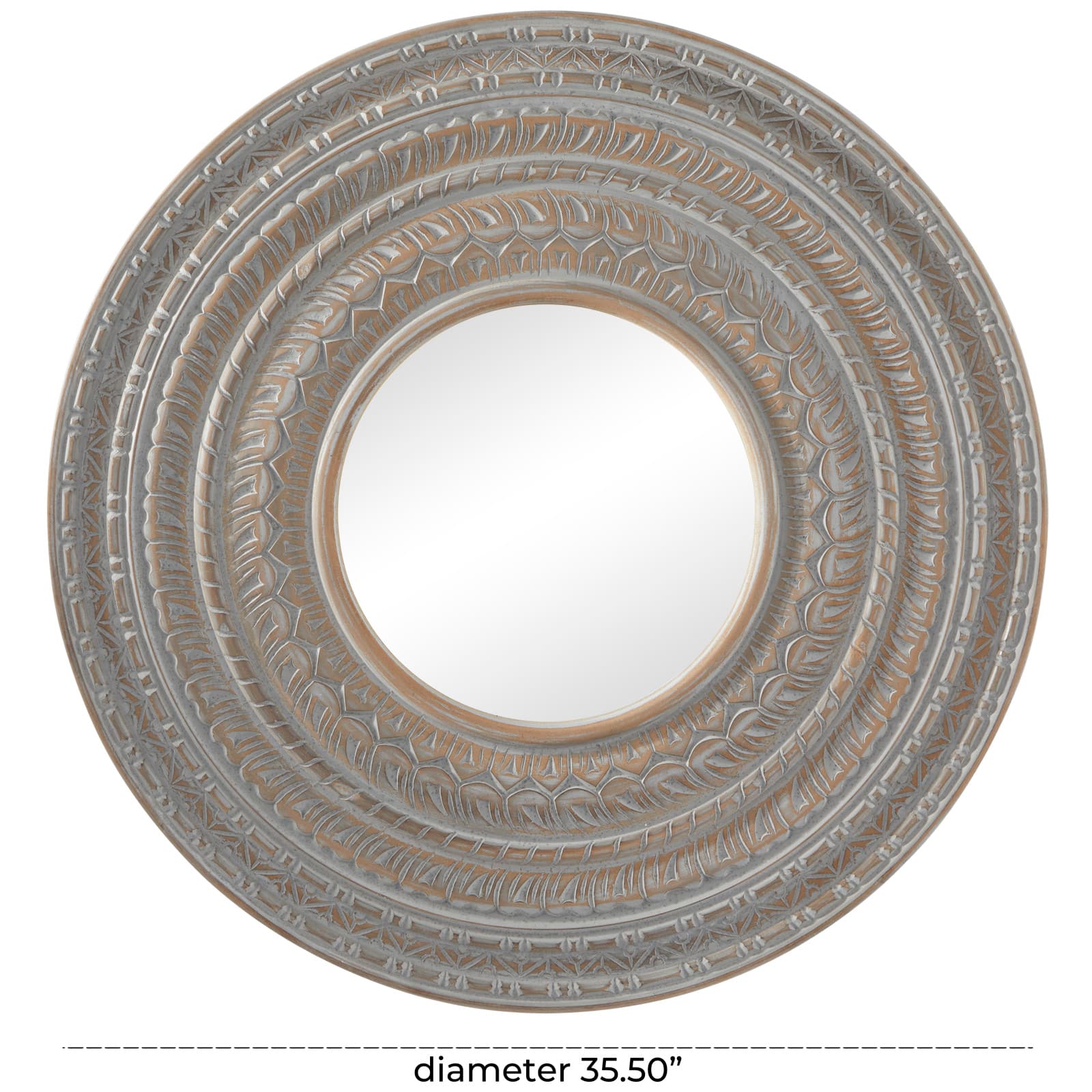 Gray Wood Carved Tribal Wall Mirror 36" x 2" x 36"