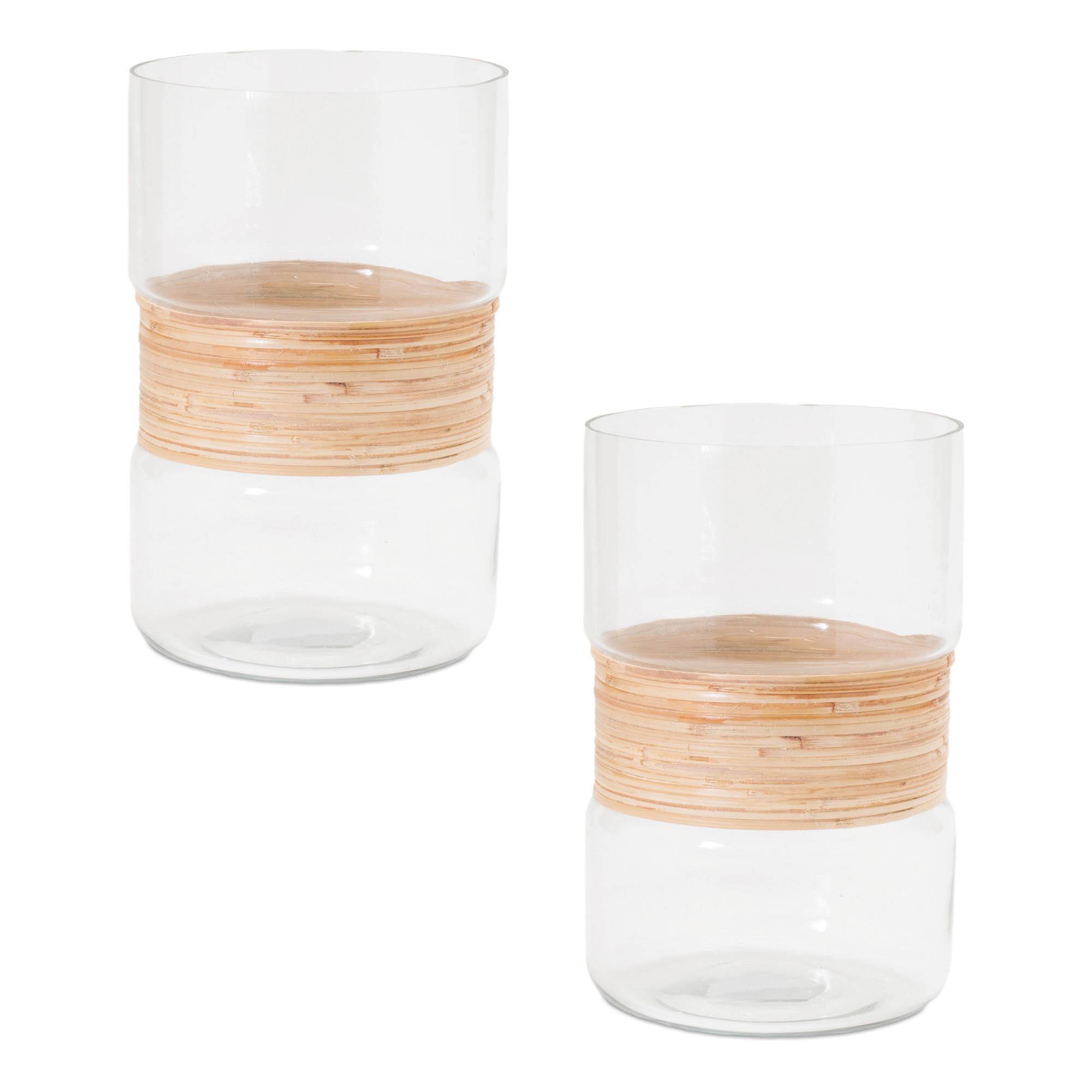 Glass Candle Holder with Bamboo Accent Set