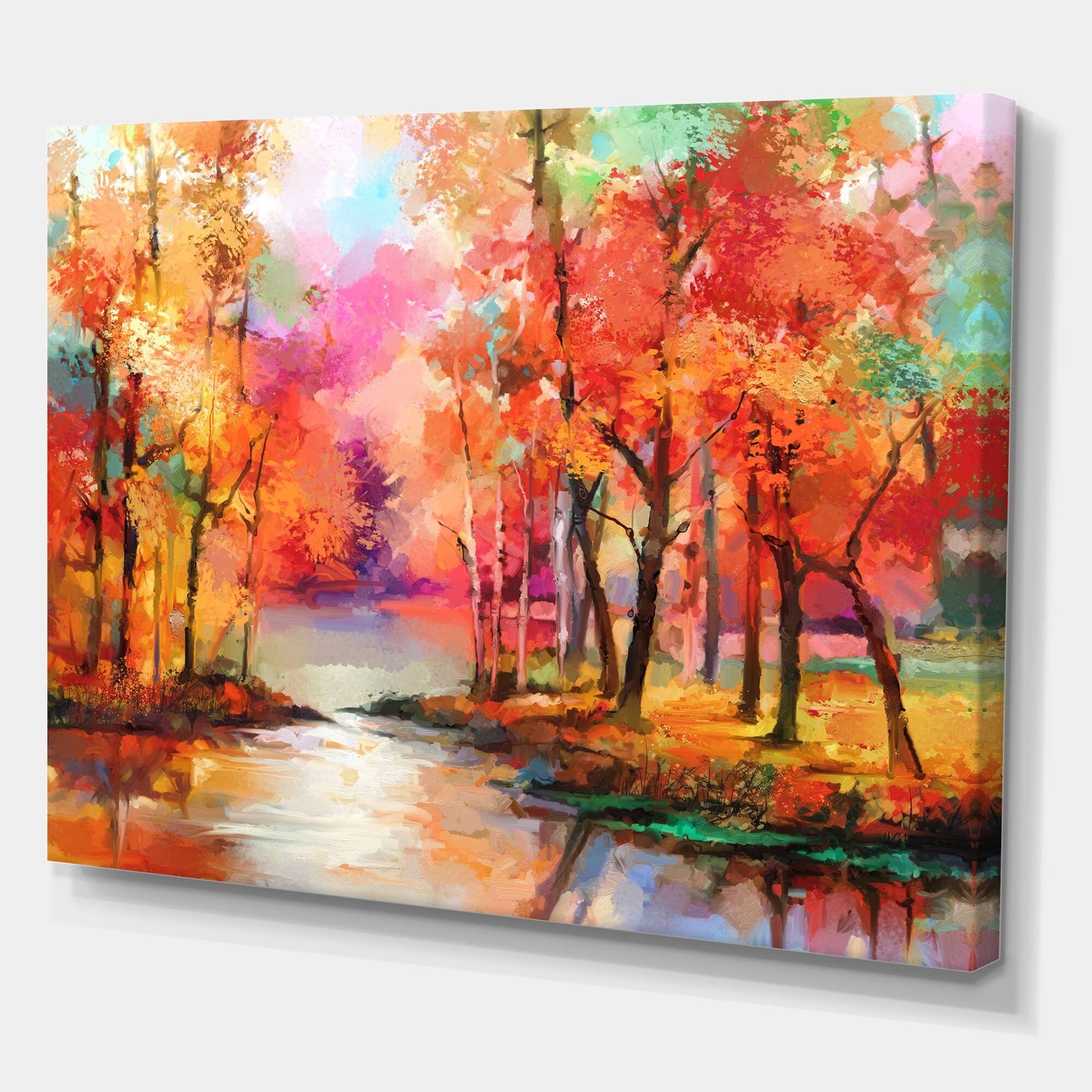 Designart - Autumn Aspen Trees In Red Leaf Forest By Lake