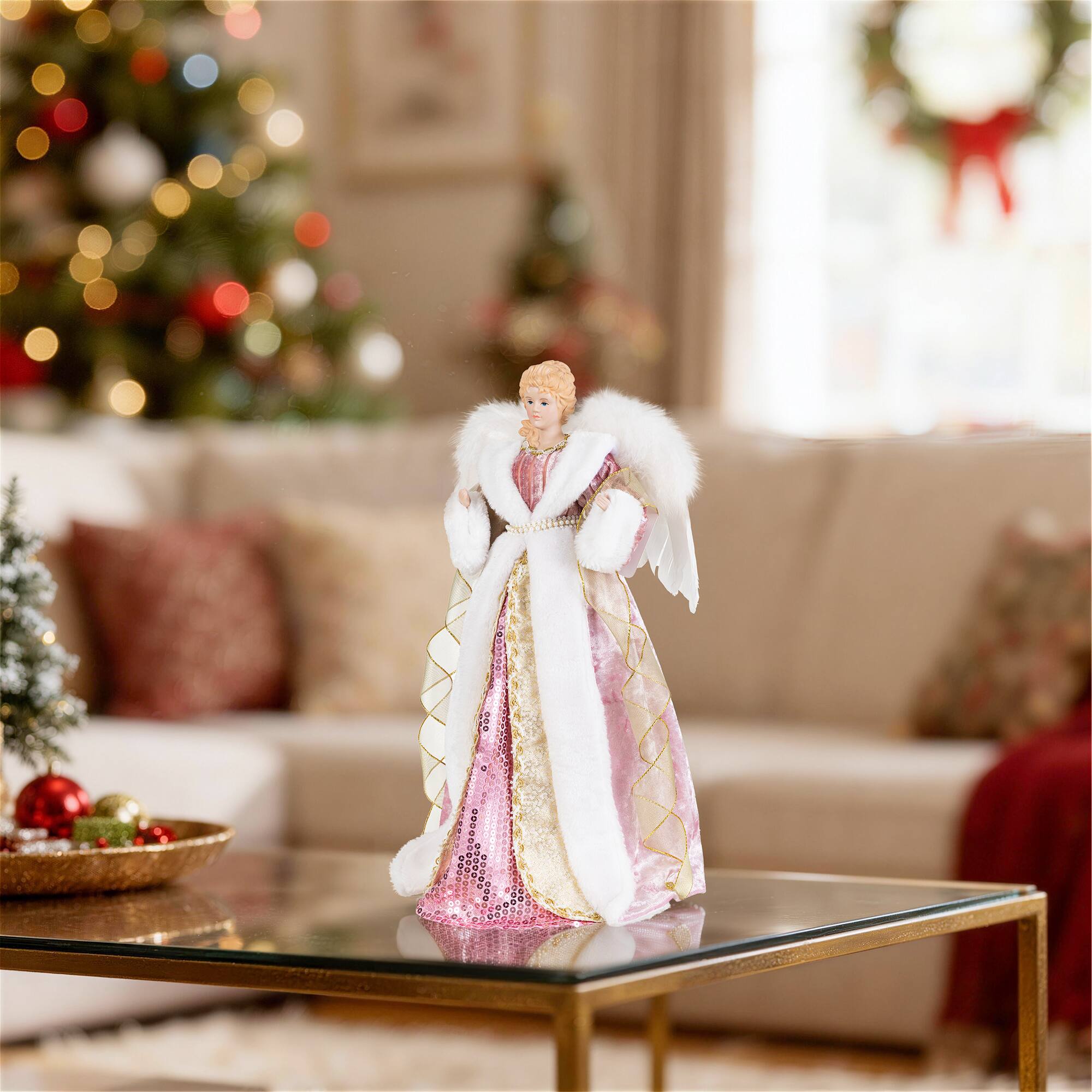 Glitzhome® 18" Faux Fur & PVC Deluxe Pink Christmas Angel Tree Topper with Porcelain Face