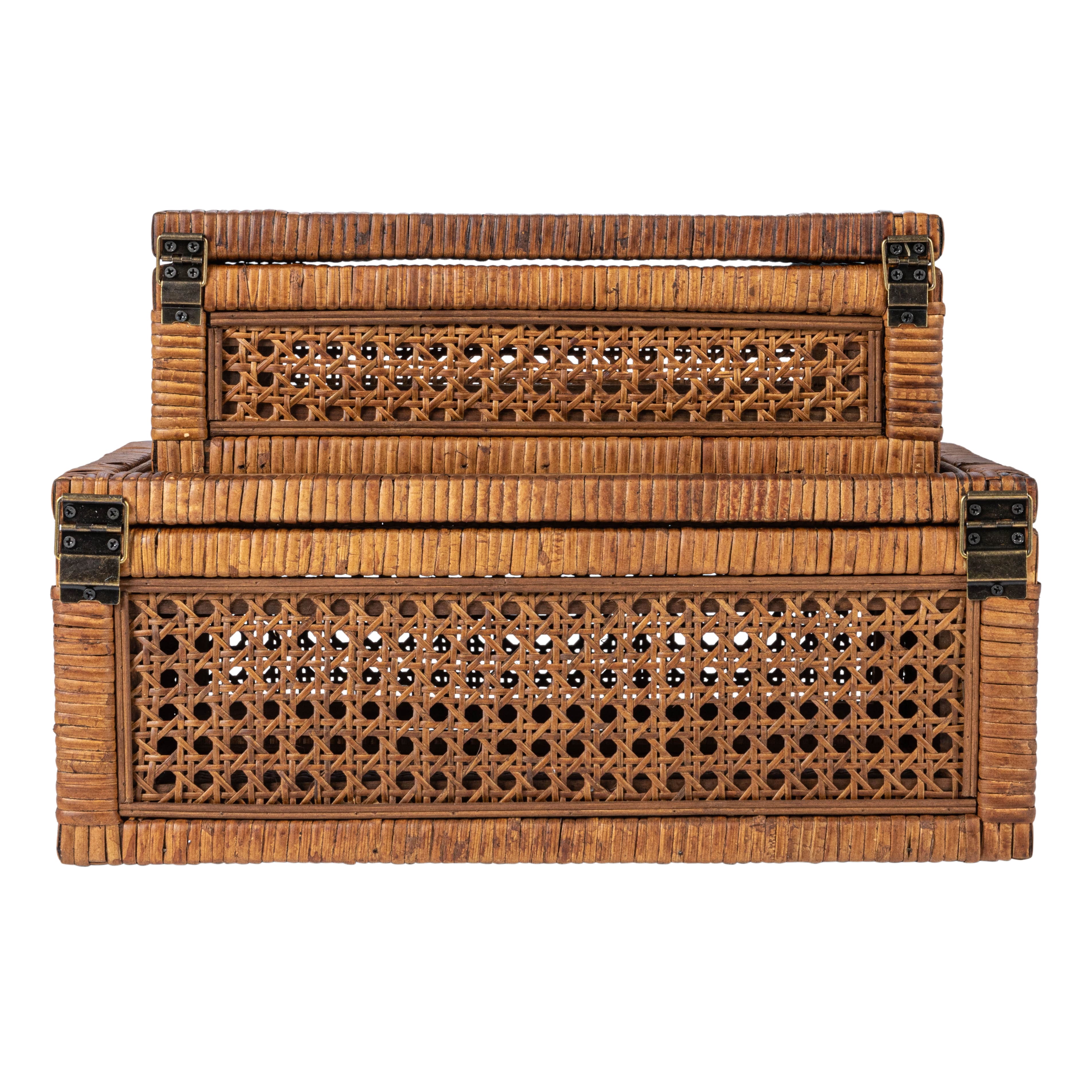 Hello Honey® Dark Brown Modern Decorative Rectangle Woven Rattan & Wood Display Box Set with Glass Top