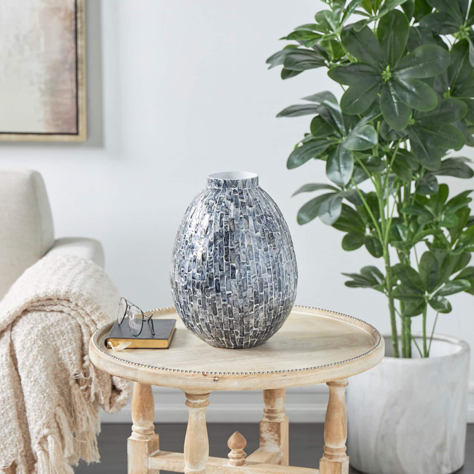 12" Gray Mother of Pearl Handmade Mosaic Inspired Vase