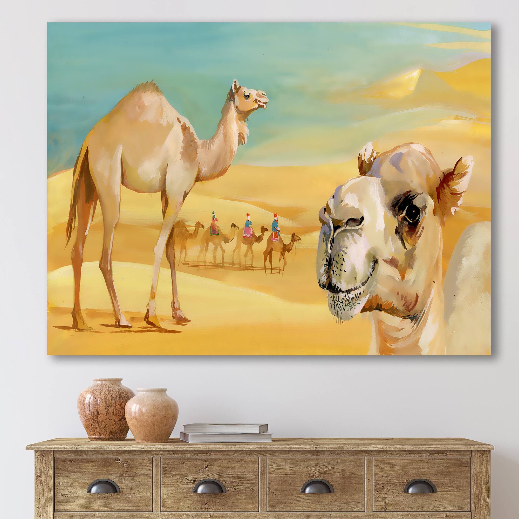 Designart - Camels In The Desert - Farmhouse Canvas Wall Art Print