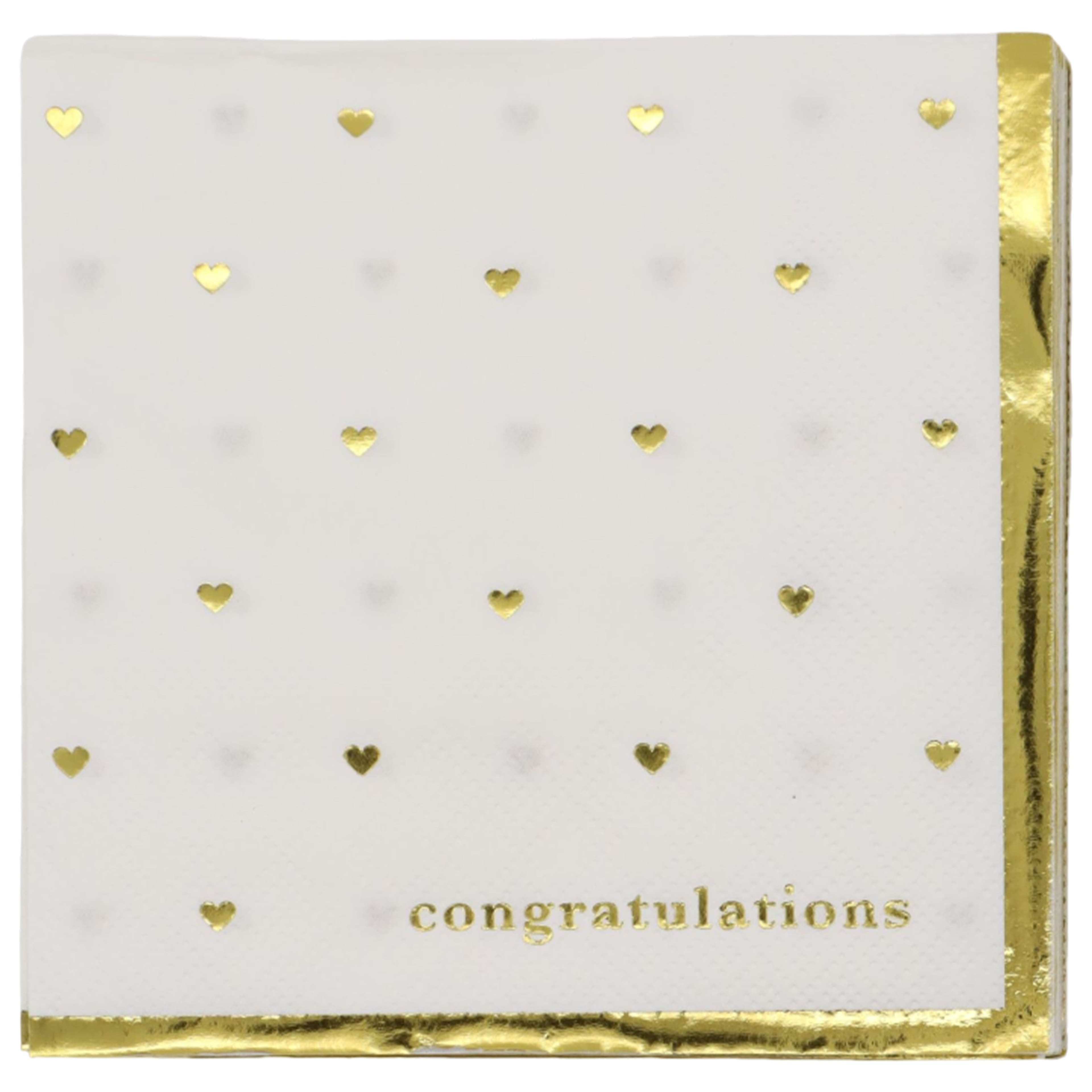 24 Packs: 20 ct. (480 total) Gold & White Congratulations Hearts Beverage Napkins by Celebrate It™