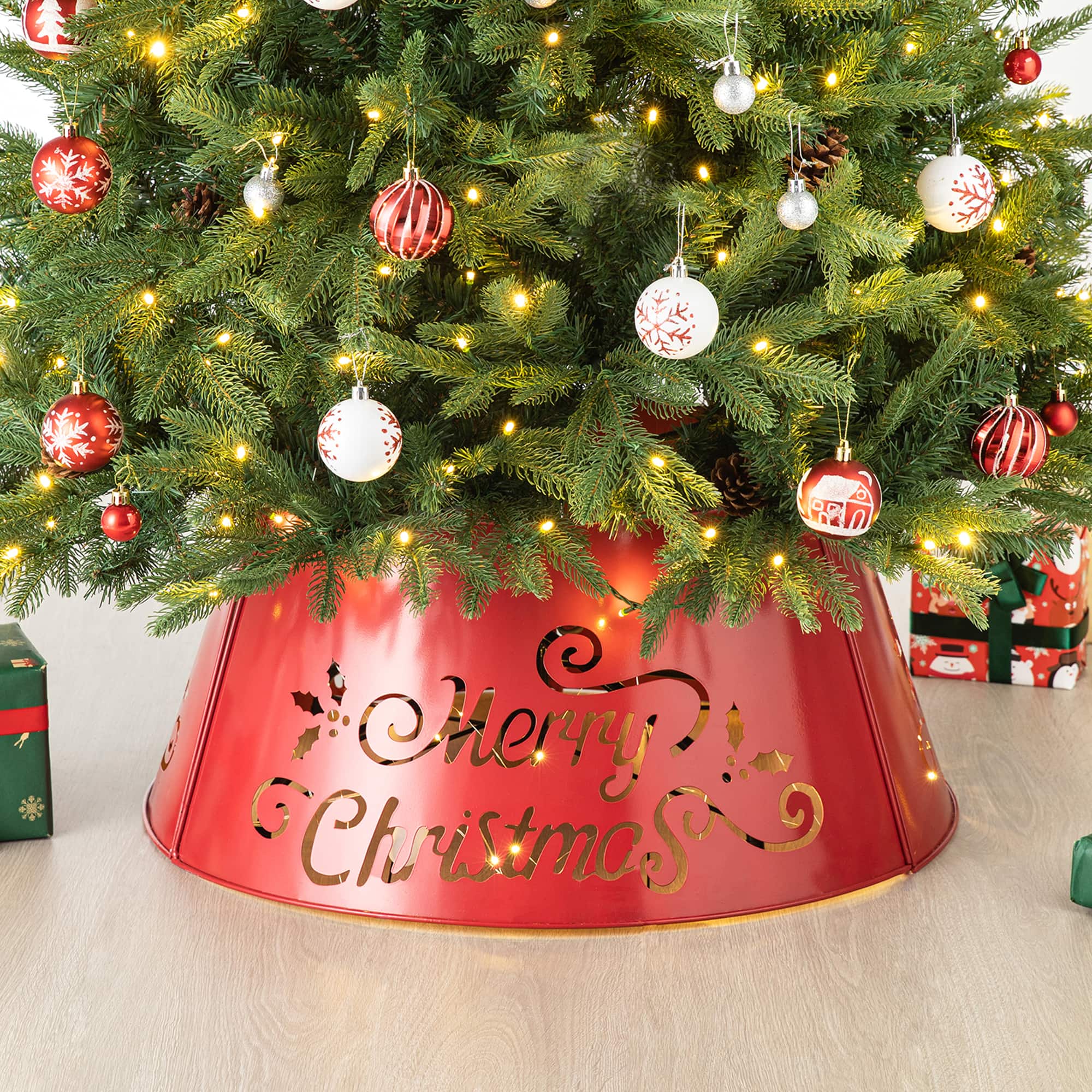 Glitzhome® Red 26" LED Merry Christmas Cutout Metal Tree Collar