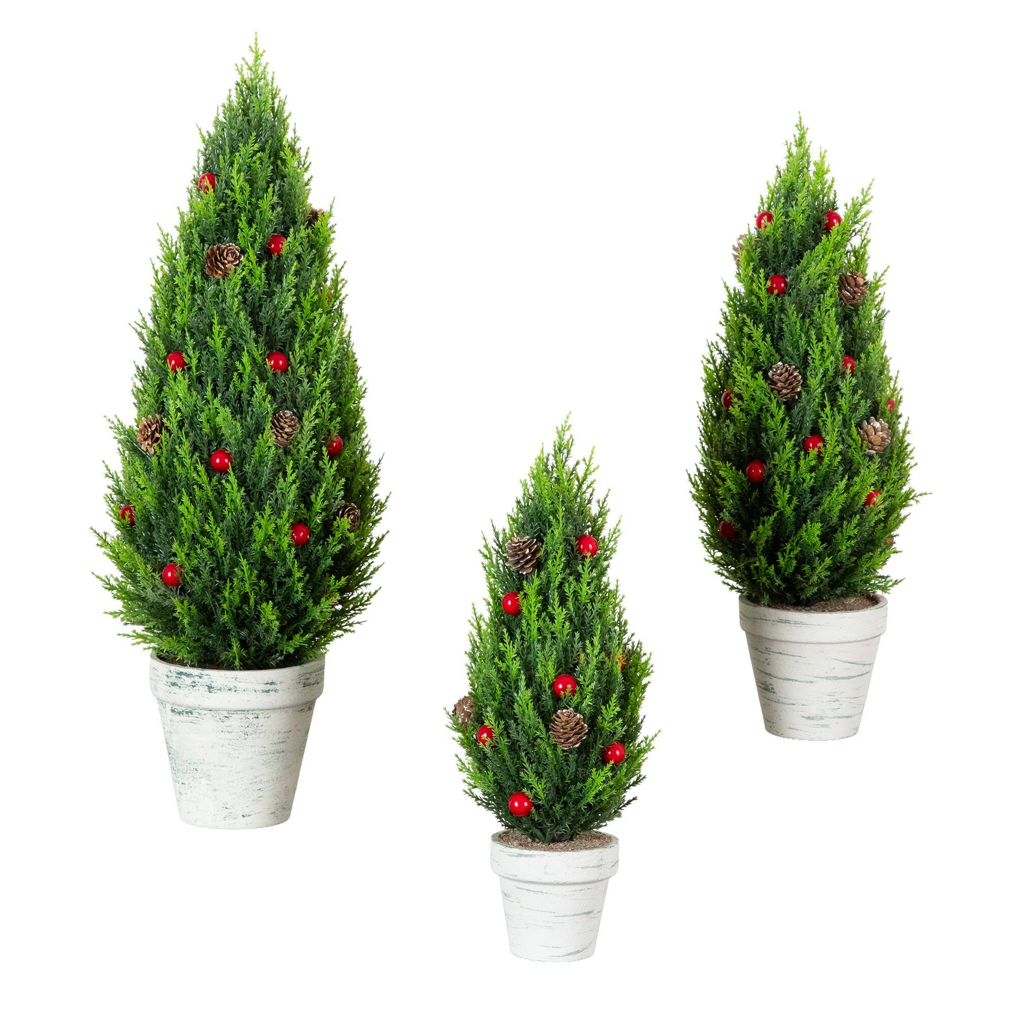 Nearly Natural Artificial Cypress Trees with Red Berries & Pinecones in White Rustic Planter Set