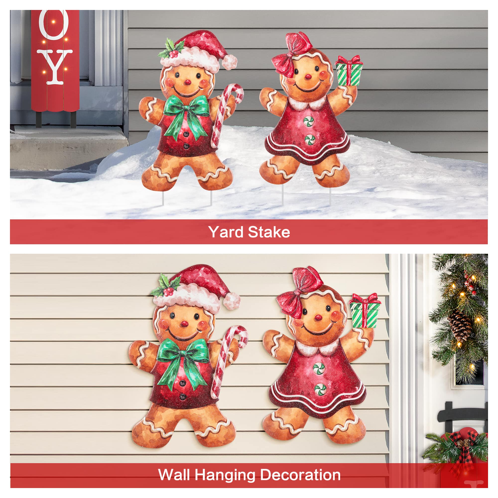 Glitzhome® Set of 2 Christmas Metal Gingerbread Boy and Girl Yard Stake