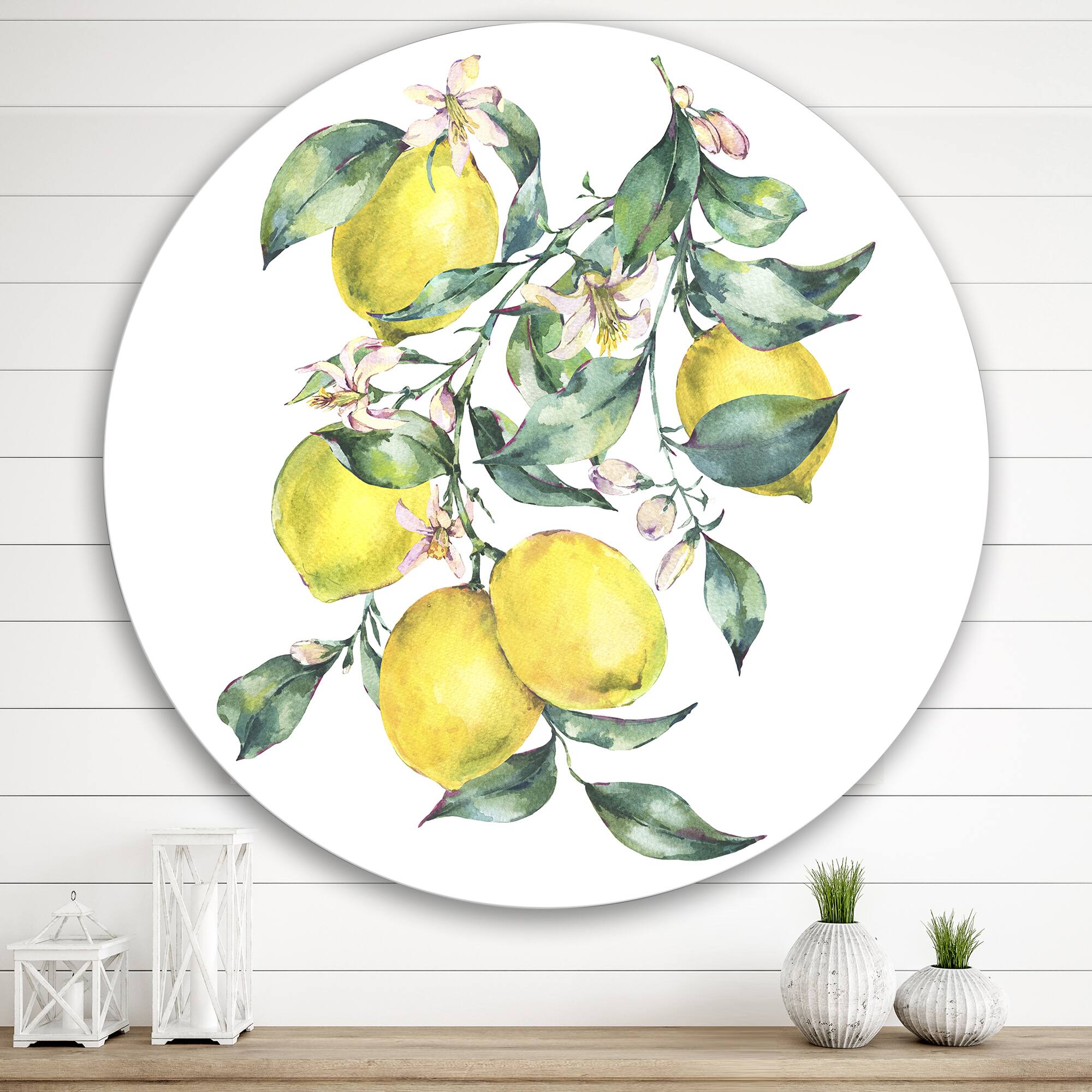 Designart - Branch of Yellow Lemons and Leaves I - Tropical Metal Circle Wall Art