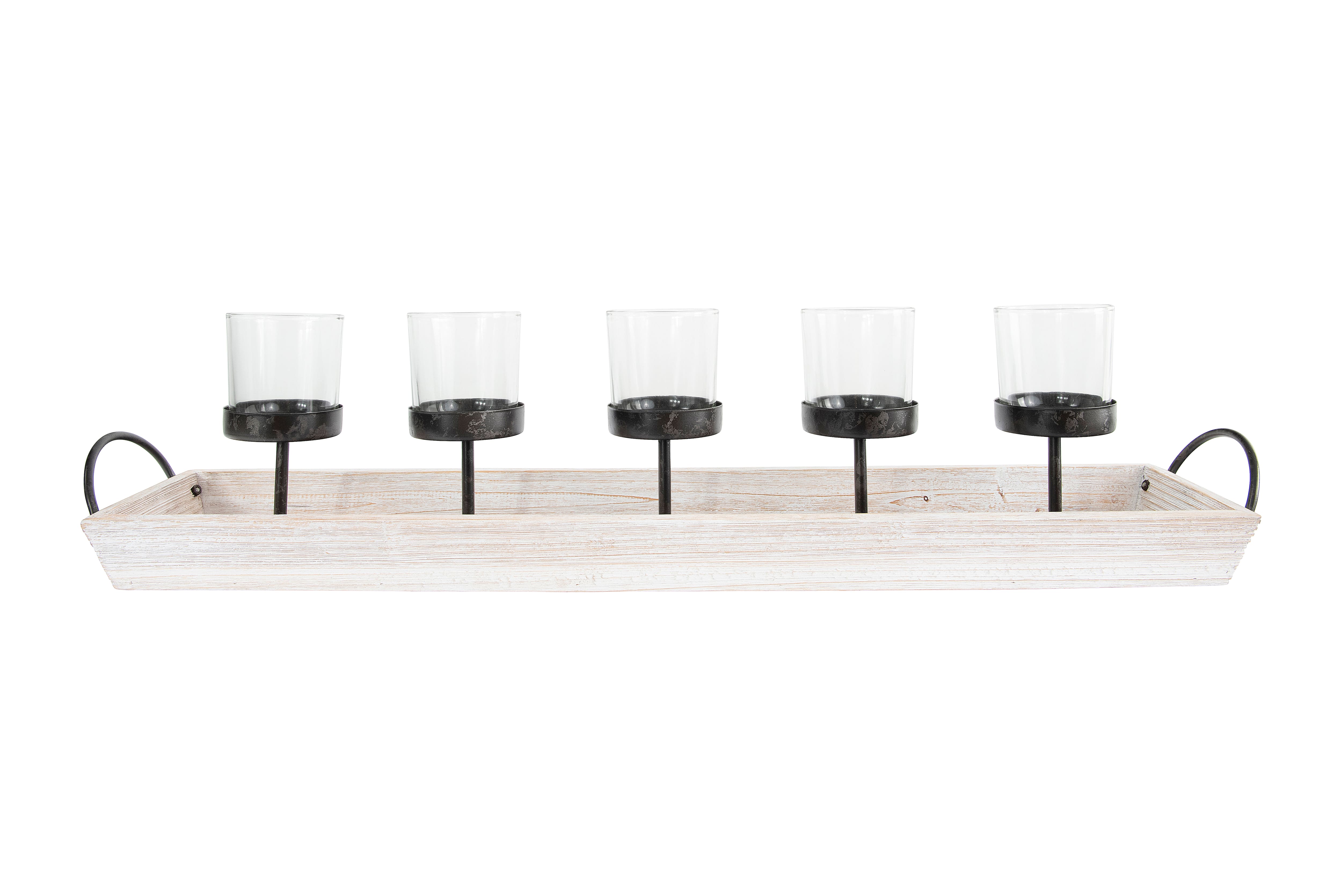 Hello Honey® Rectangle Wood Tray Holder with 5 Clear Glass Votive Candleholders
